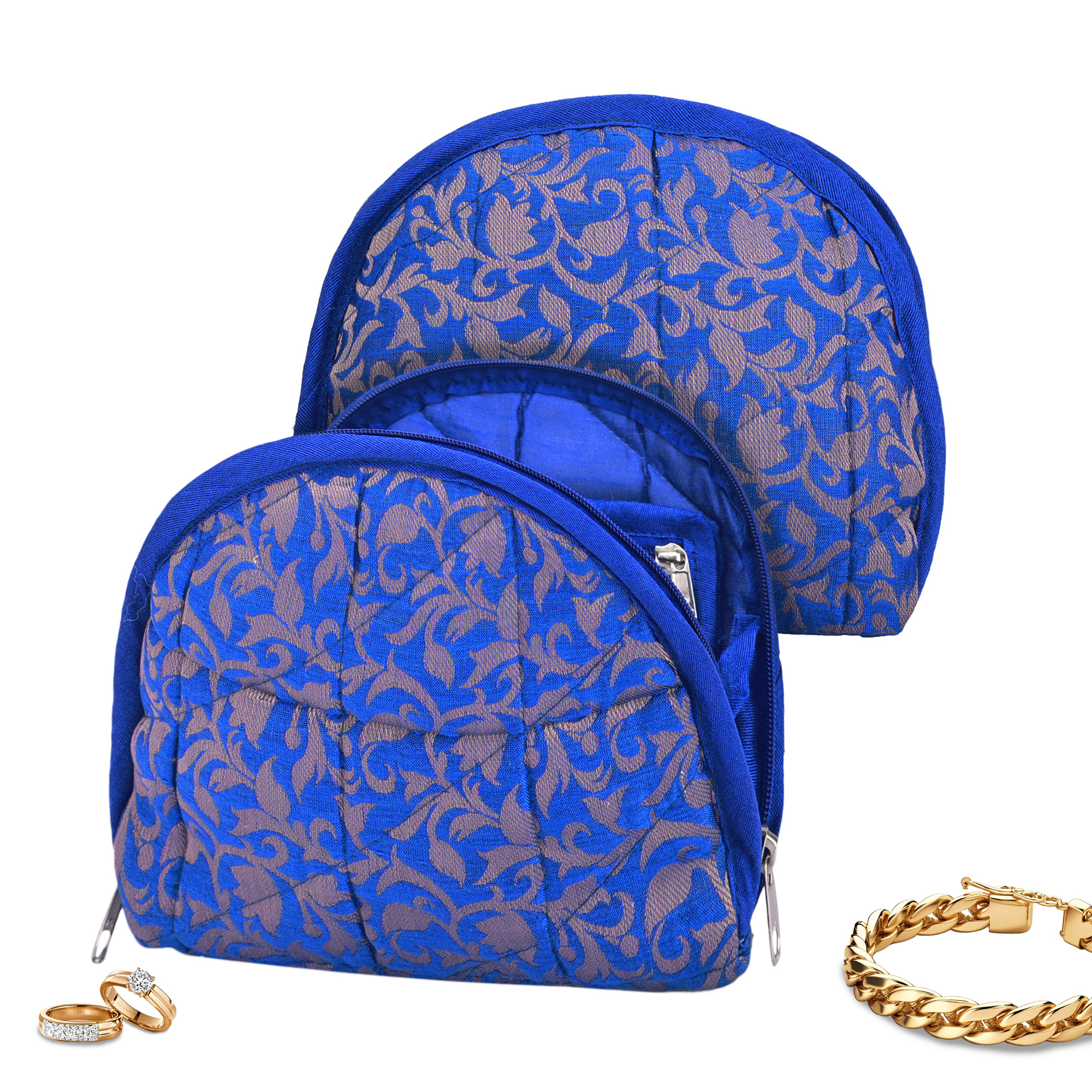 Kuber Industries Cotton Jewellery Kit with 4 Transparent Pouches  Foldable Jewellery Organisers Bag for Necklaces Rings Earrings  Bracelets  Jama D Print - Blue