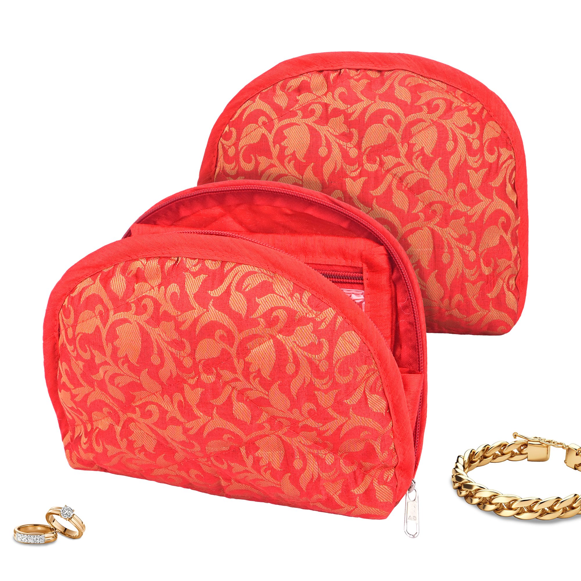 Kuber Industries Cotton Jewellery Kit with 4 Transparent Pouches  Foldable Jewellery Organisers Bag for Necklaces Rings Earrings  Bracelets  Jama D Print - Red
