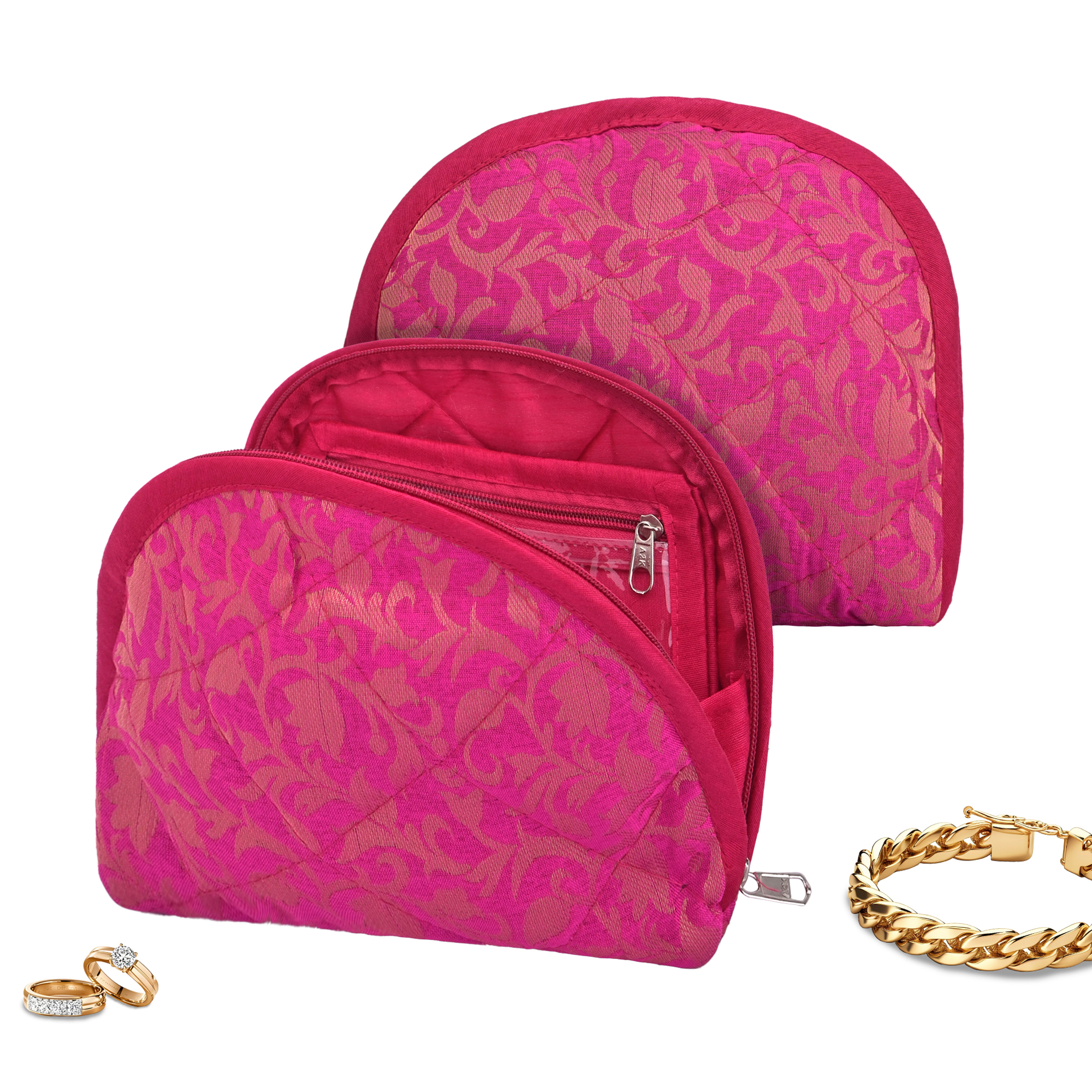 Kuber Industries Cotton Jewellery Kit with 4 Transparent Pouches  Foldable Jewellery Organisers Bag for Necklaces Rings Earrings  Bracelets  Jama D Print - Pink