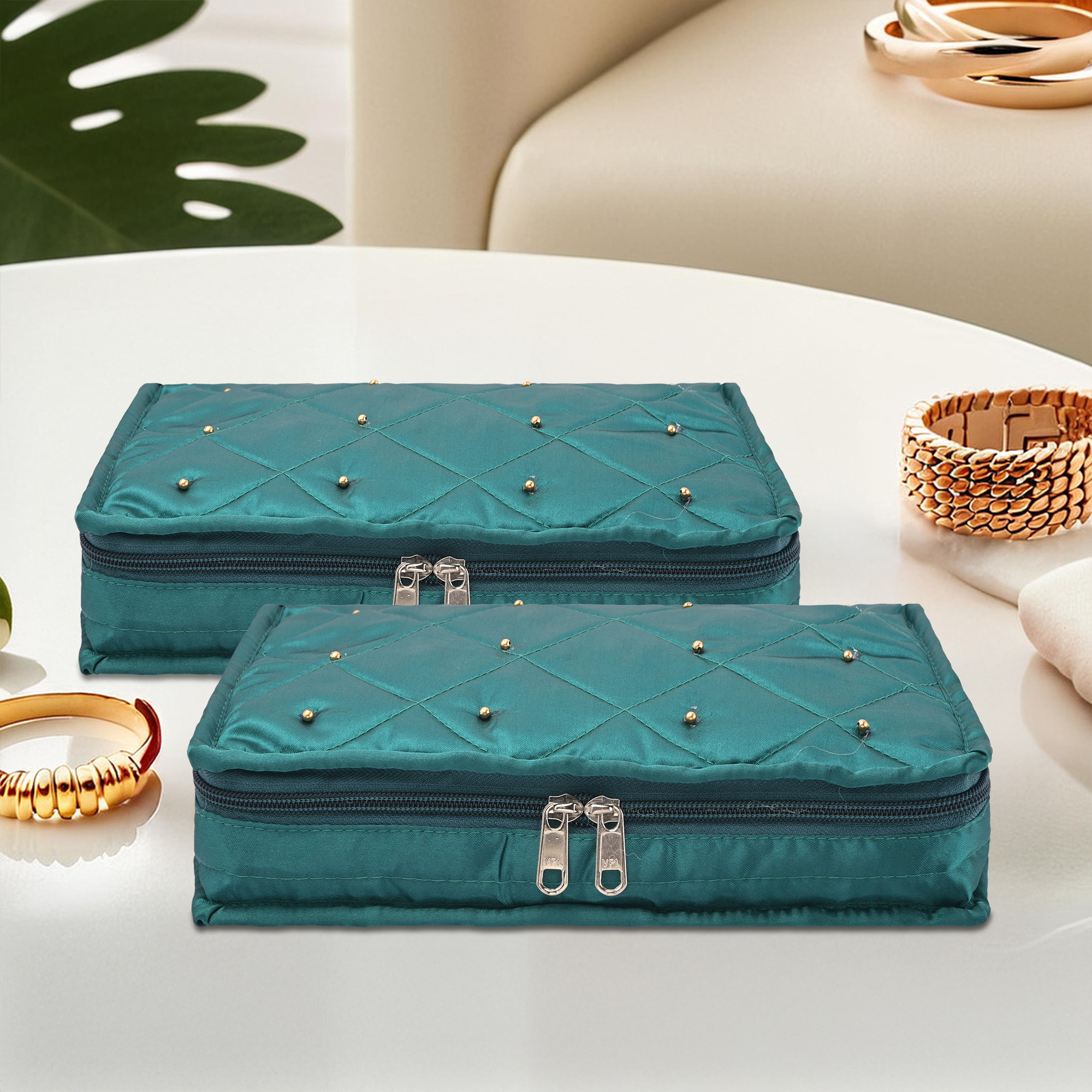 Kuber Industries Satin  Jewellery Kit with 6 Pouches  Foldable Jewellery Organisers Bag for Necklaces Rings Earrings  Bracelets  Moti Design - Green