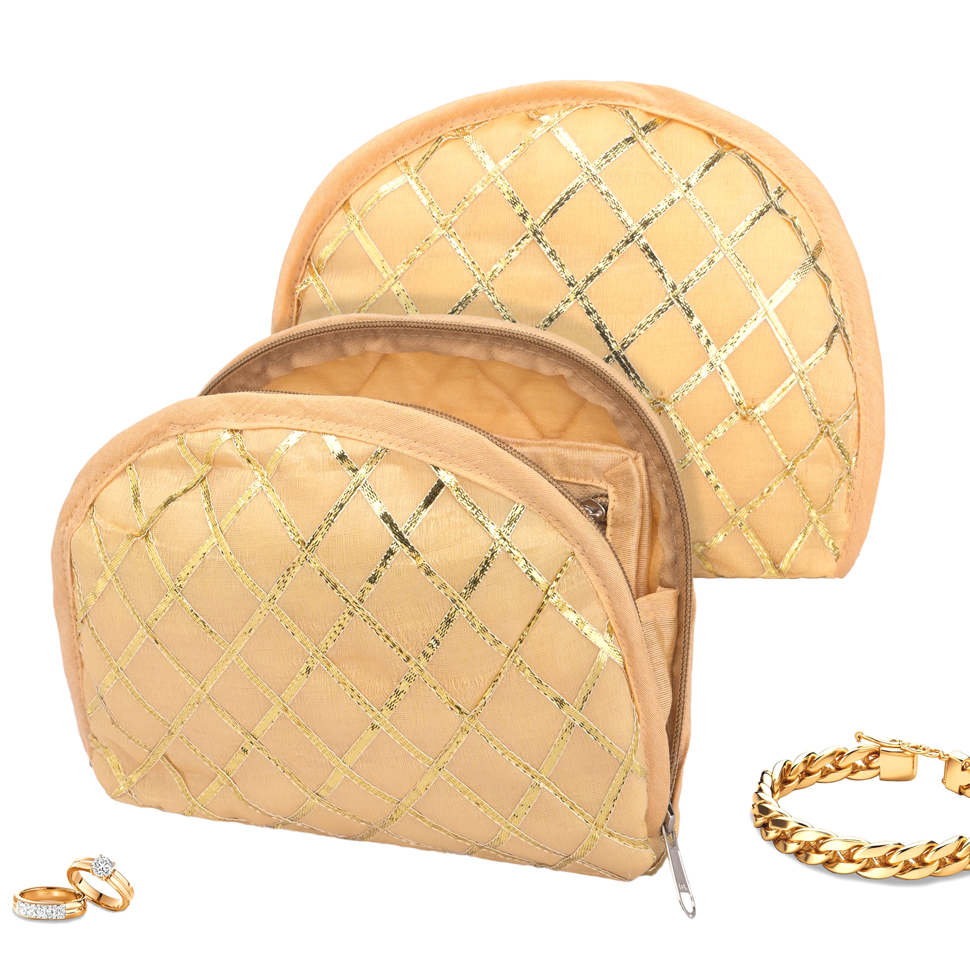 Kuber Industries Polyester Jewellery Kit with 4 Transparent Pouches  Foldable Jewellery Organisers Bag for Necklaces Rings Earrings  Bracelets  Check Gota D Print - Golden