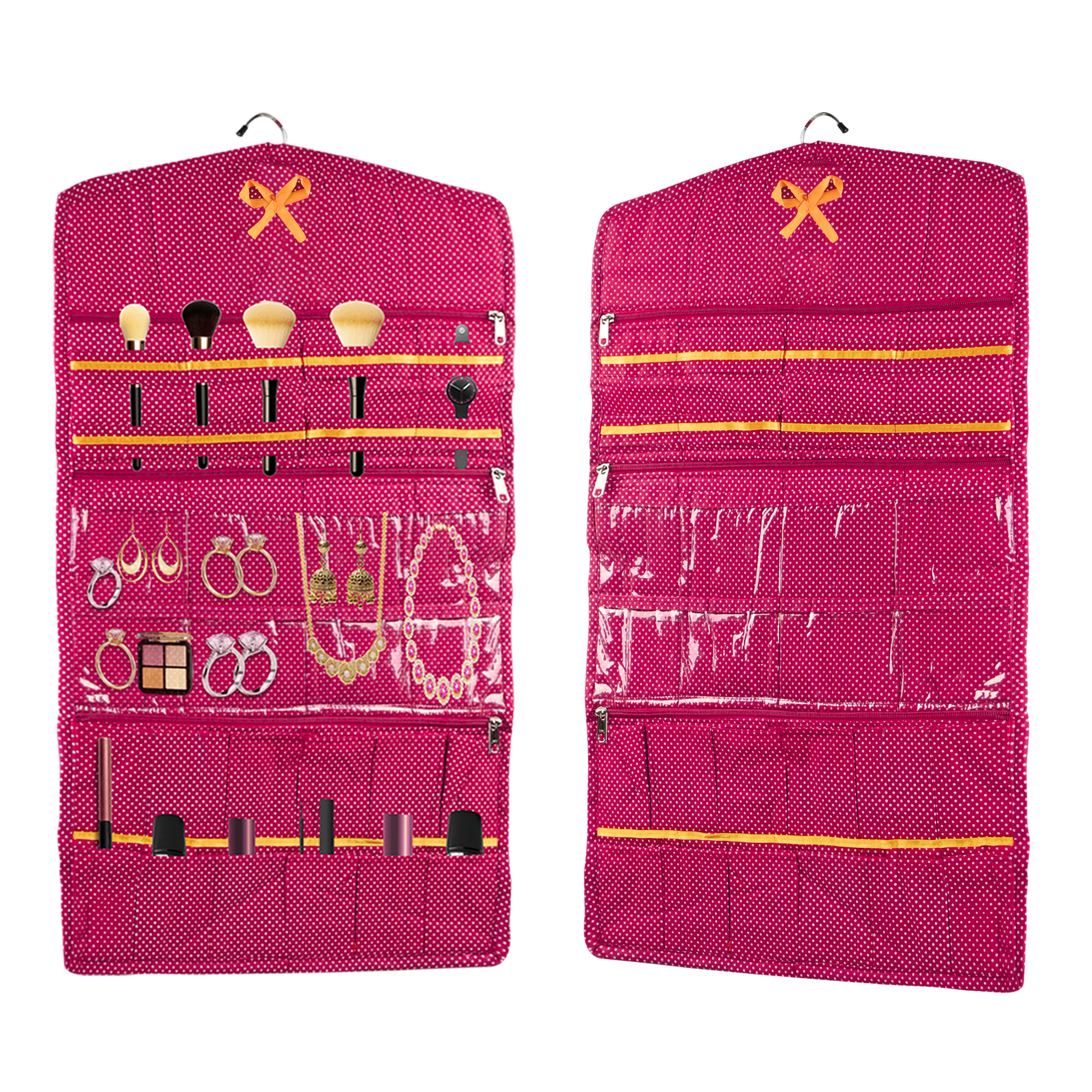 Kuber Industries Cotton Hanging Jewellery Organizer with Zip  Multipurpose Jewellery Storage Bag for Holding Necklaces Bracelets Rings  Earrings  Dot Print - Pink