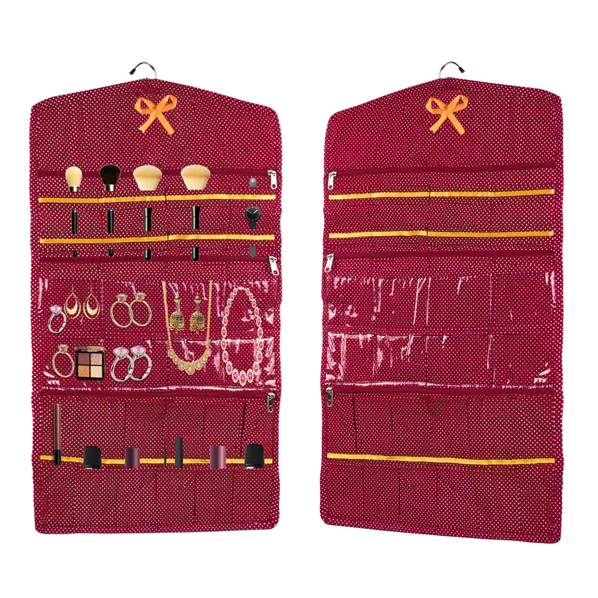 Kuber Industries Cotton Hanging Jewellery Organizer with Zip  Multipurpose Jewellery Storage Bag for Holding Necklaces Bracelets Rings  Earrings  Dot Print - Maroon