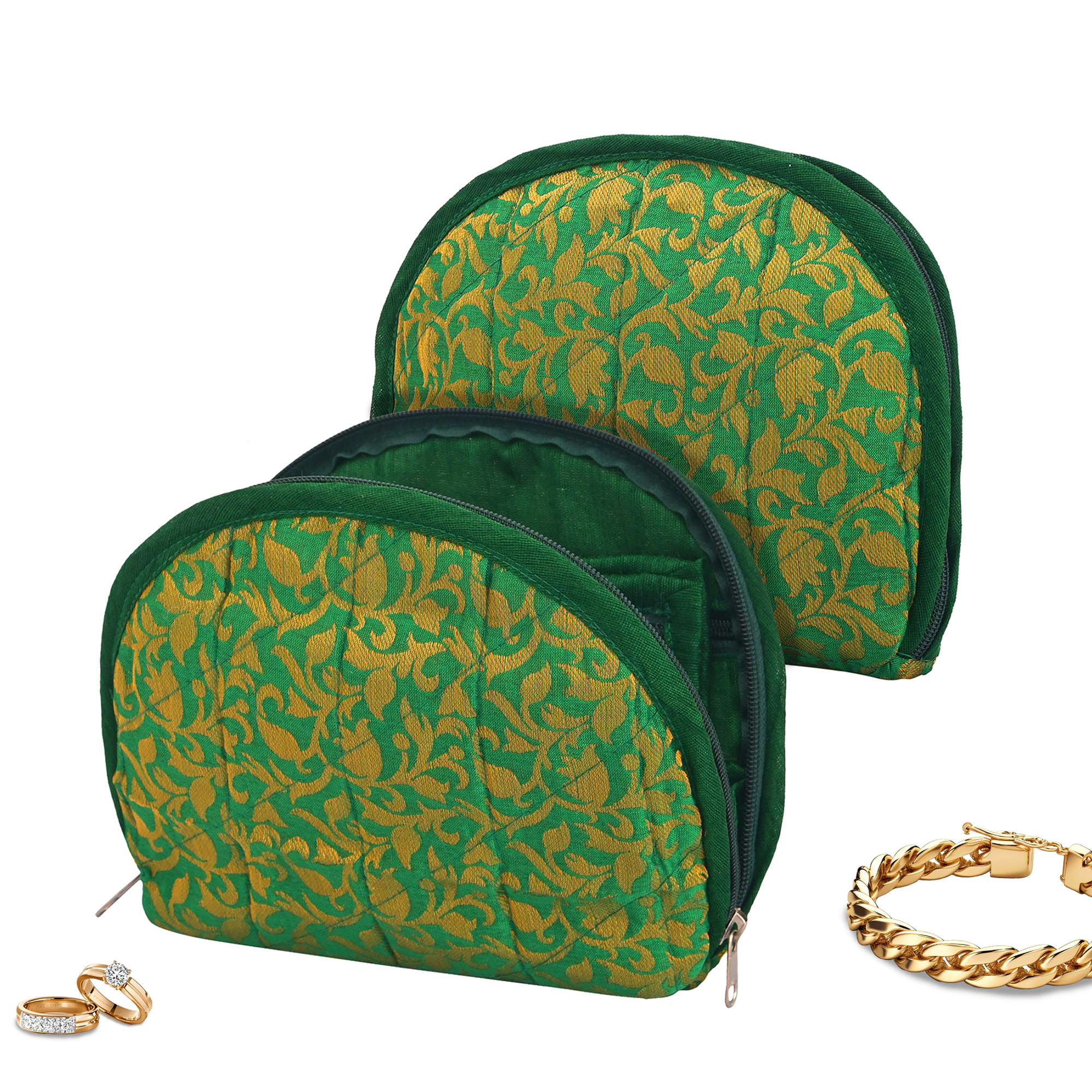 Kuber Industries Cotton Jewellery Kit with 4 Transparent Pouches  Foldable Jewellery Organisers Bag for Necklaces Rings Earrings  Bracelets  Jama D Print - Green