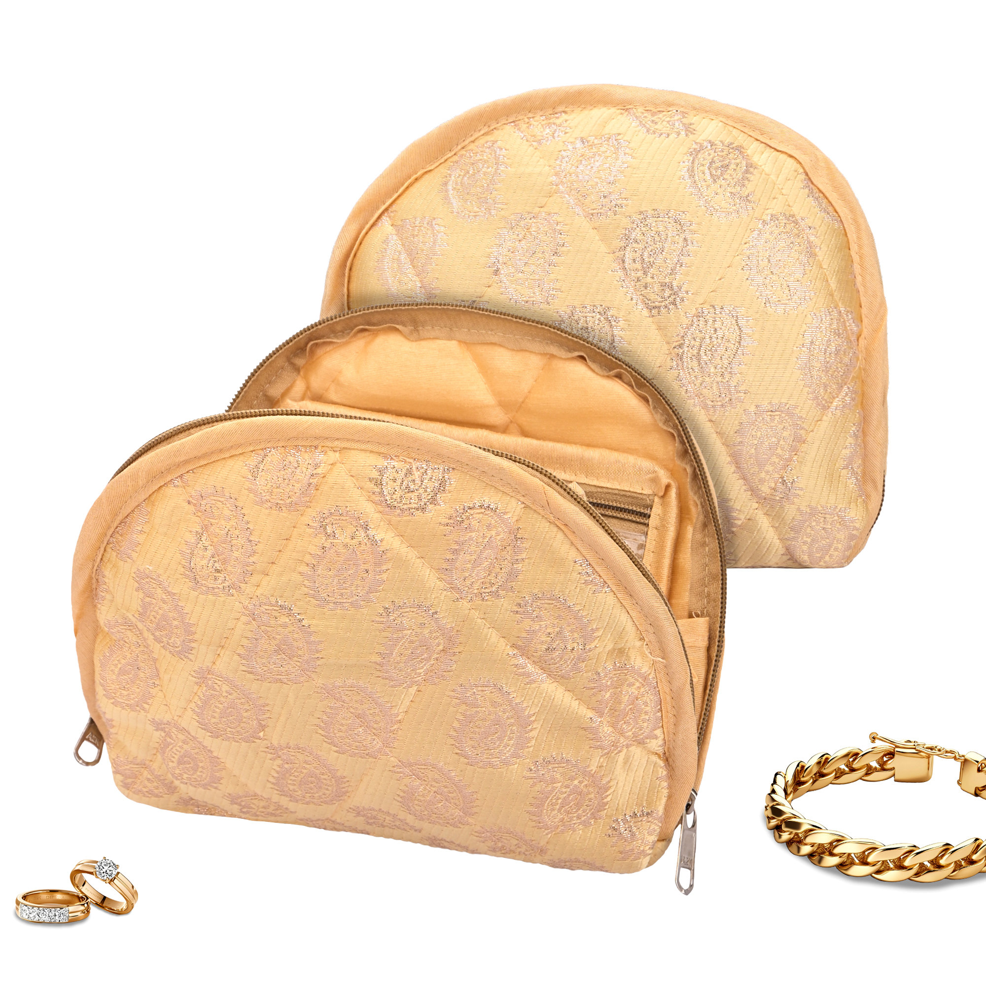 Kuber Industries Cotton Jewellery Kit with 4 Transparent Pouches  Foldable Jewellery Organisers Bag for Necklaces Rings Earrings  Bracelets  Jama D Print - Golden
