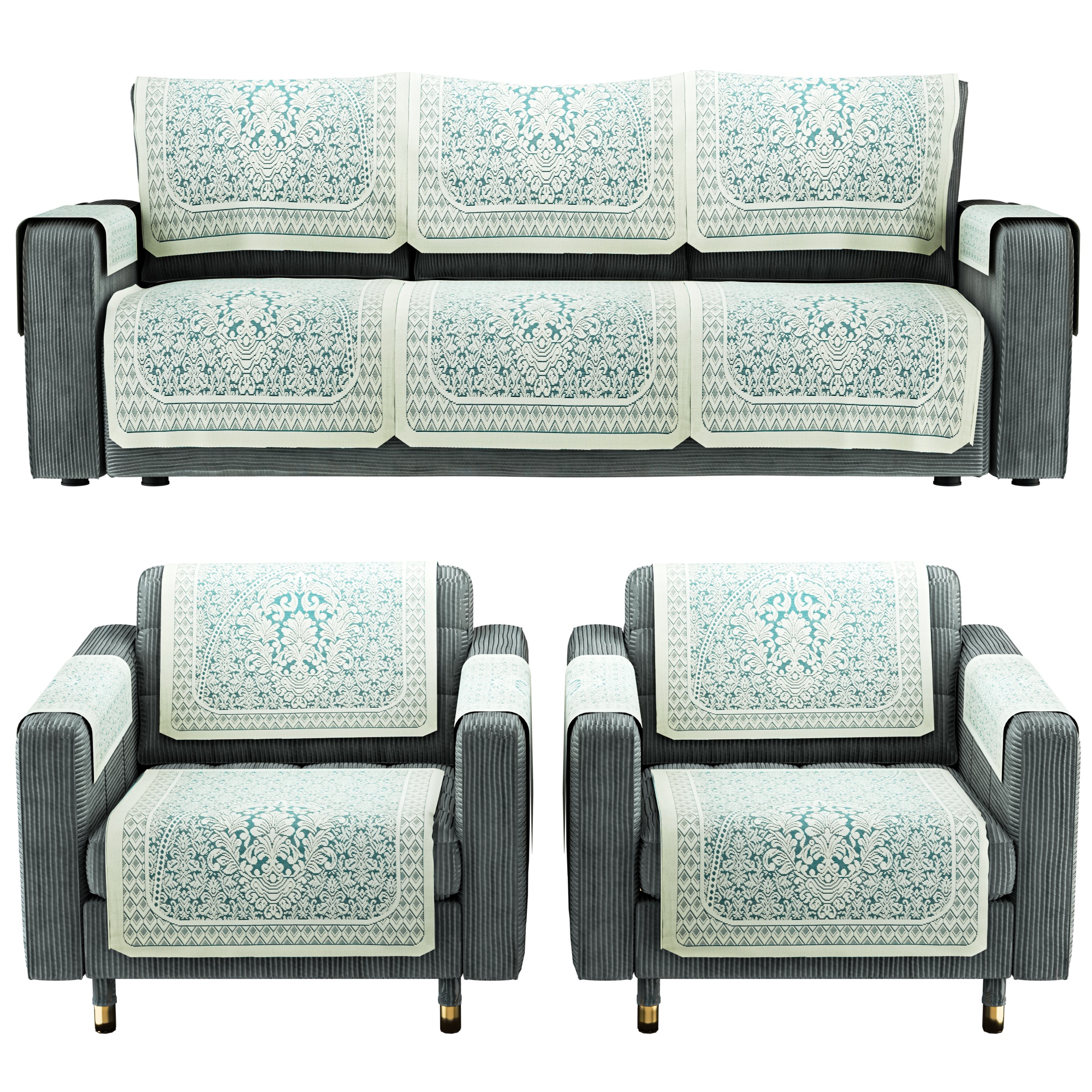 Kuber Industries Set of 4 Durable 2 Seater Sofa Covers for Living Room  Machine Washable Sofe ke cover for Protection  Comfort  Floral Design - Aqua  White