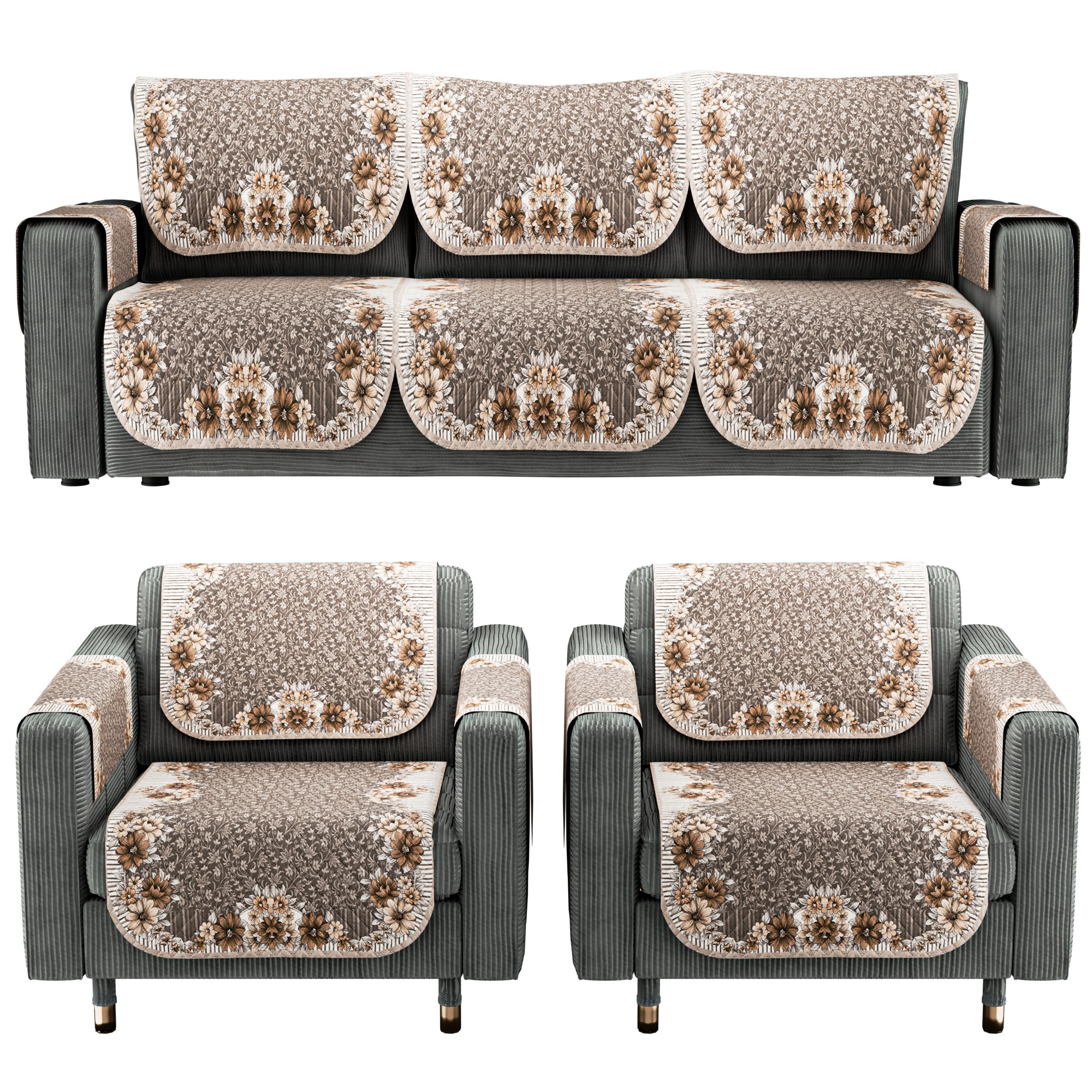 Kuber Industries Set of 4 Quilted 2 Seater Sofa Cover for Living Room  Machine Washable Sofe ke cover for Protection  Comfort  Ultra Sonic FlowerBorder- Golden