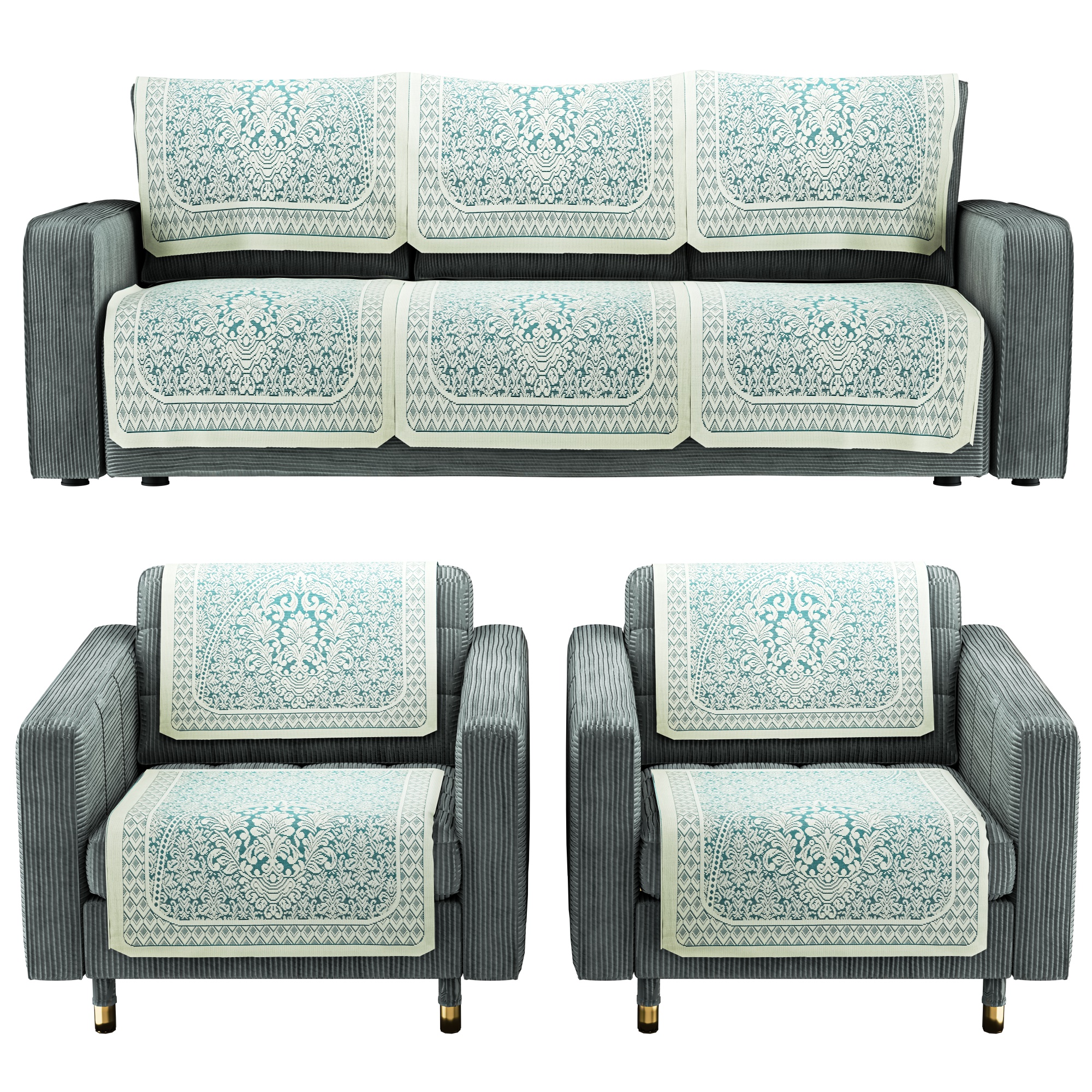Kuber Industries Set of 4 Durable 2 Seater Sofa Covers for Living Room  Machine Washable Sofe ke cover for Protection  Comfort  Floral Design - Aqua  White