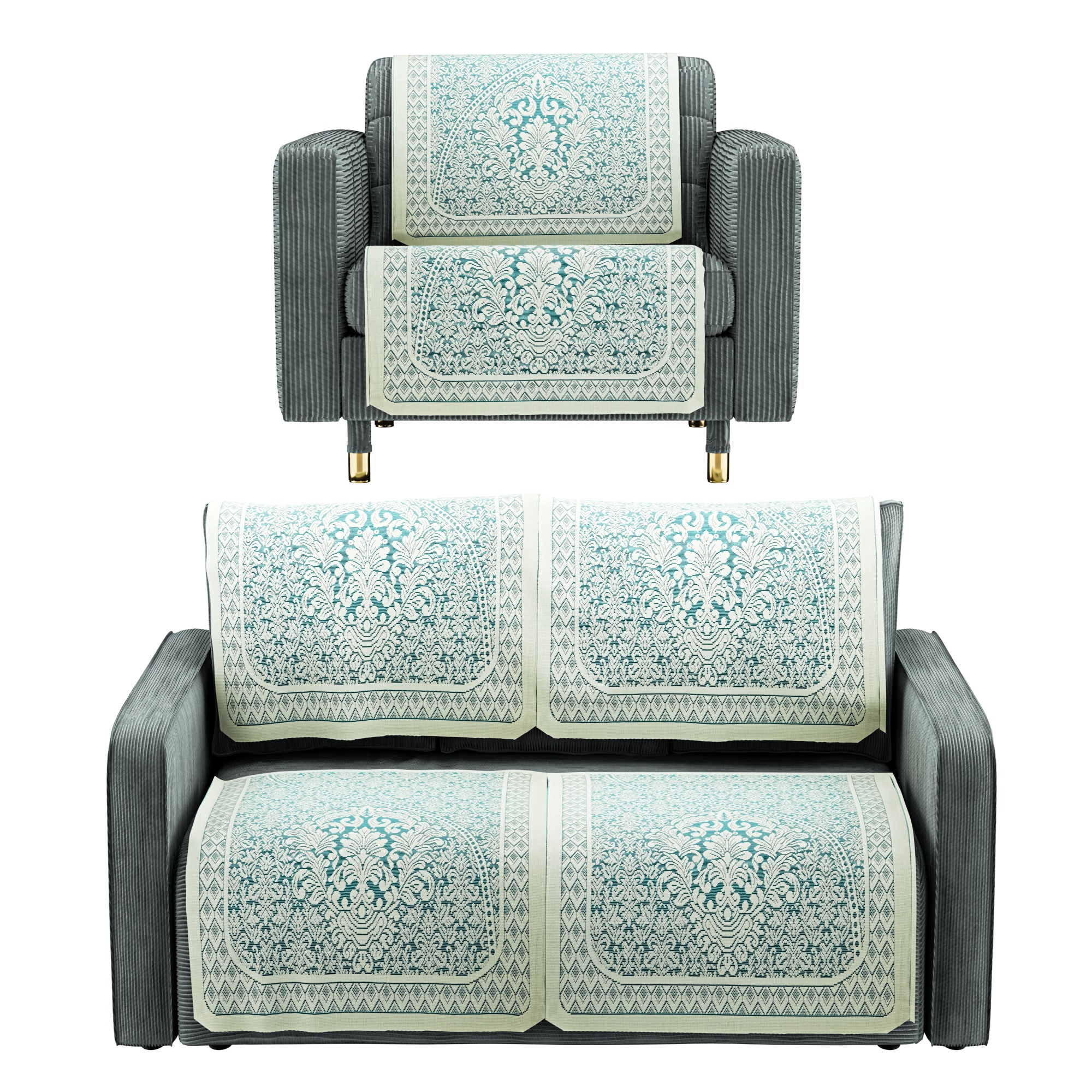 Kuber Industries Set of 4 Durable 2 Seater Sofa Covers for Living Room  Machine Washable Sofe ke cover for Protection  Comfort  Floral Design - Aqua  White