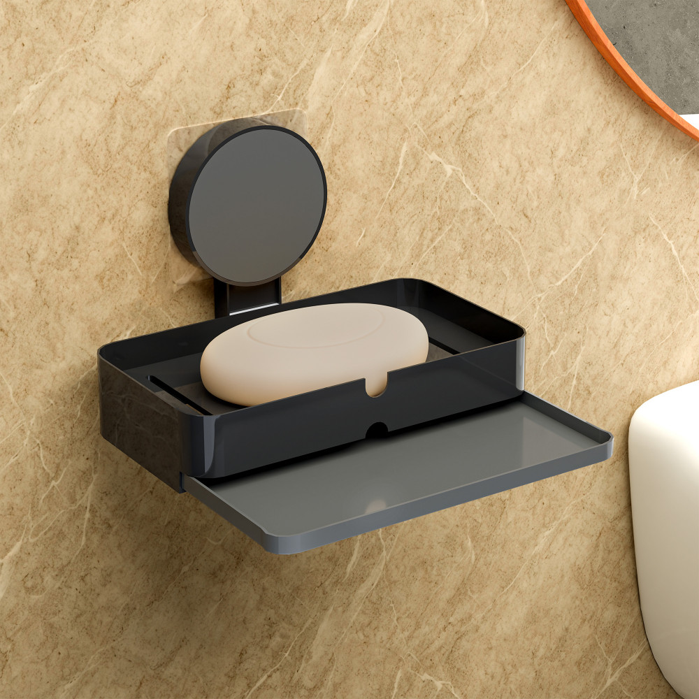 Image of Plastic Self-Adhesive Soap Holder for Bathroom Wall with Removable Drain Tray | No Drill Stickable Soap Stand for Kitchen Sink | Black