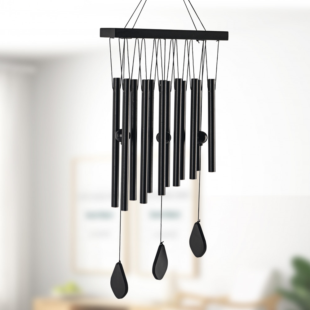 Image of 12 Pipes Musical Wind Chimes for Balcony | Aluminium Wind Chimes for Home Positive Energy for Living Room | Home Decor Hanging Items | Black