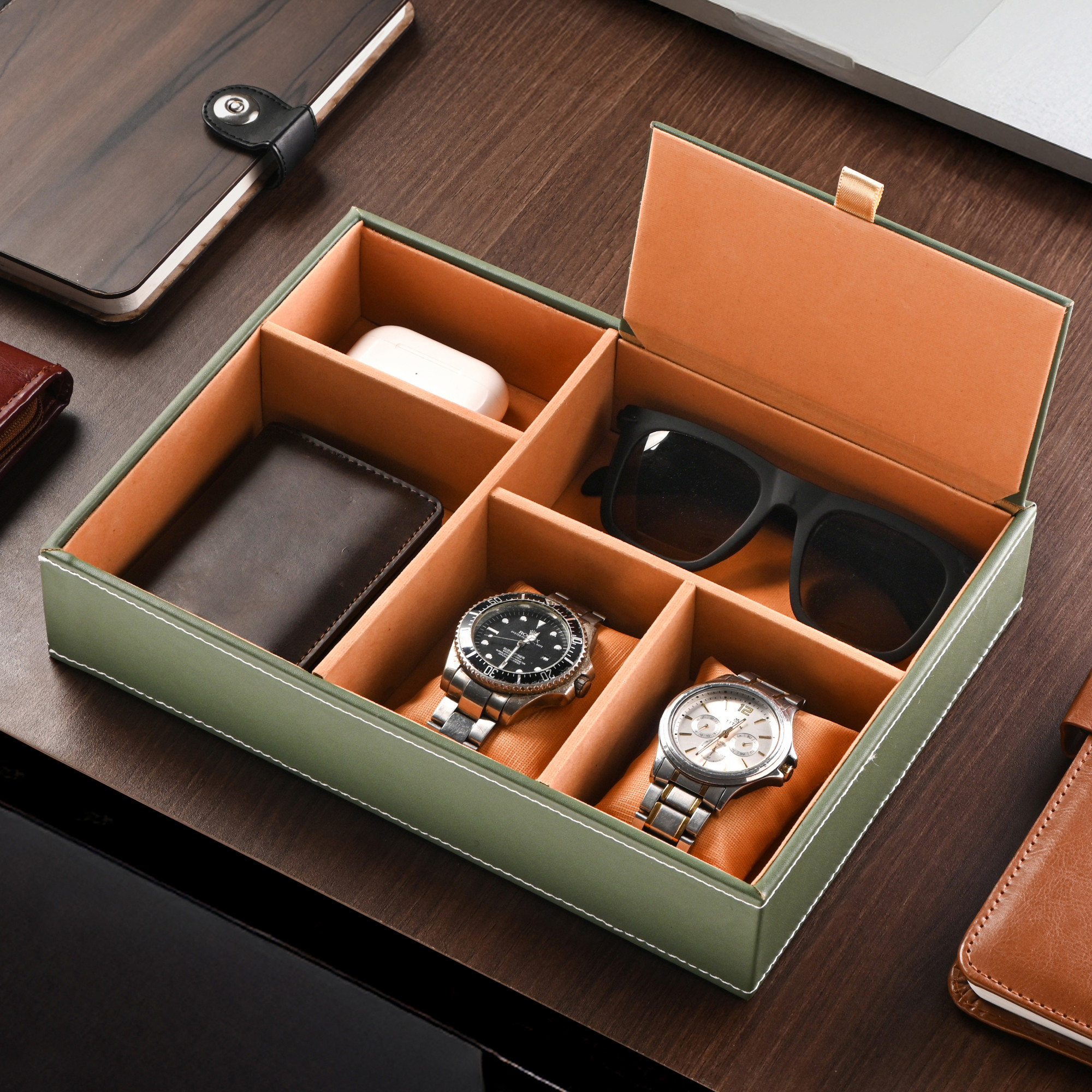 Faux Leather Jewellery Organisers Box  Watch and Sunglasses Organizer  Desk Organiser Tray  Wallet and Watch Holder Box  Golden  Green