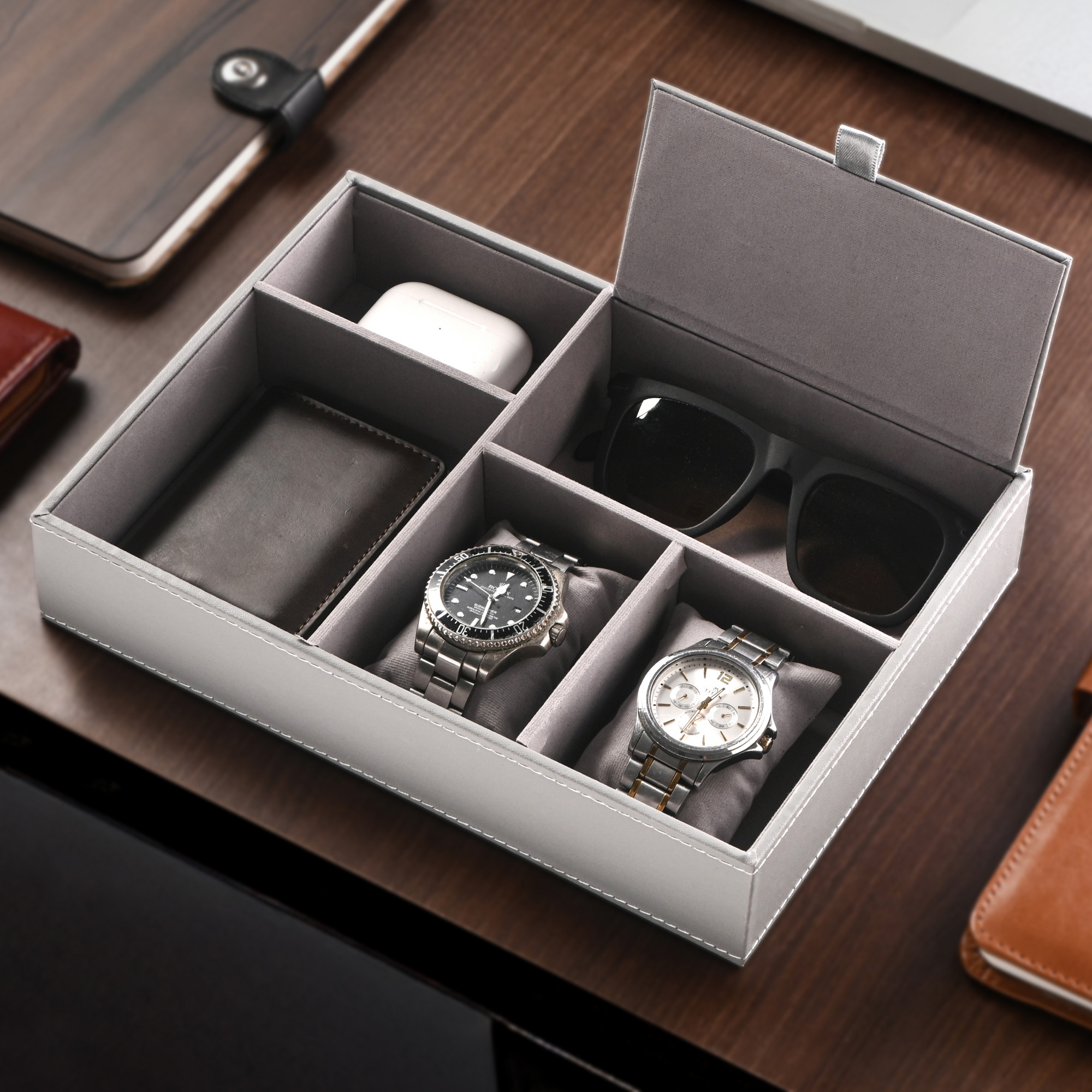 Faux Leather Jewellery Organisers Box  Watch and Sunglasses Organizer  Desk Organiser Tray  Wallet and Watch Holder Box  Grey