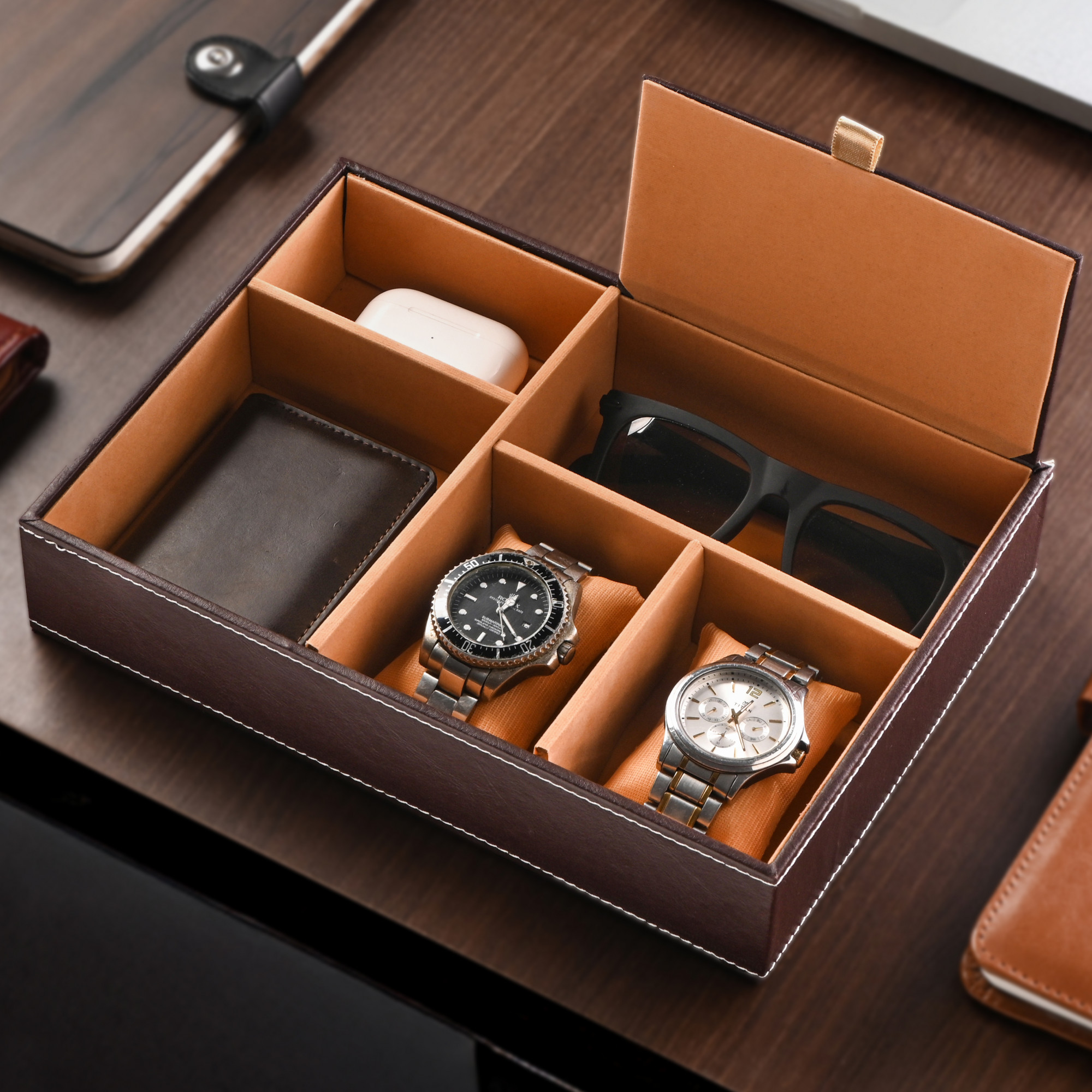 Faux Leather Jewellery Organisers Box  Watch and Sunglasses Organizer  Desk Organiser Tray  Wallet and Watch Holder Box  Golden  Brown
