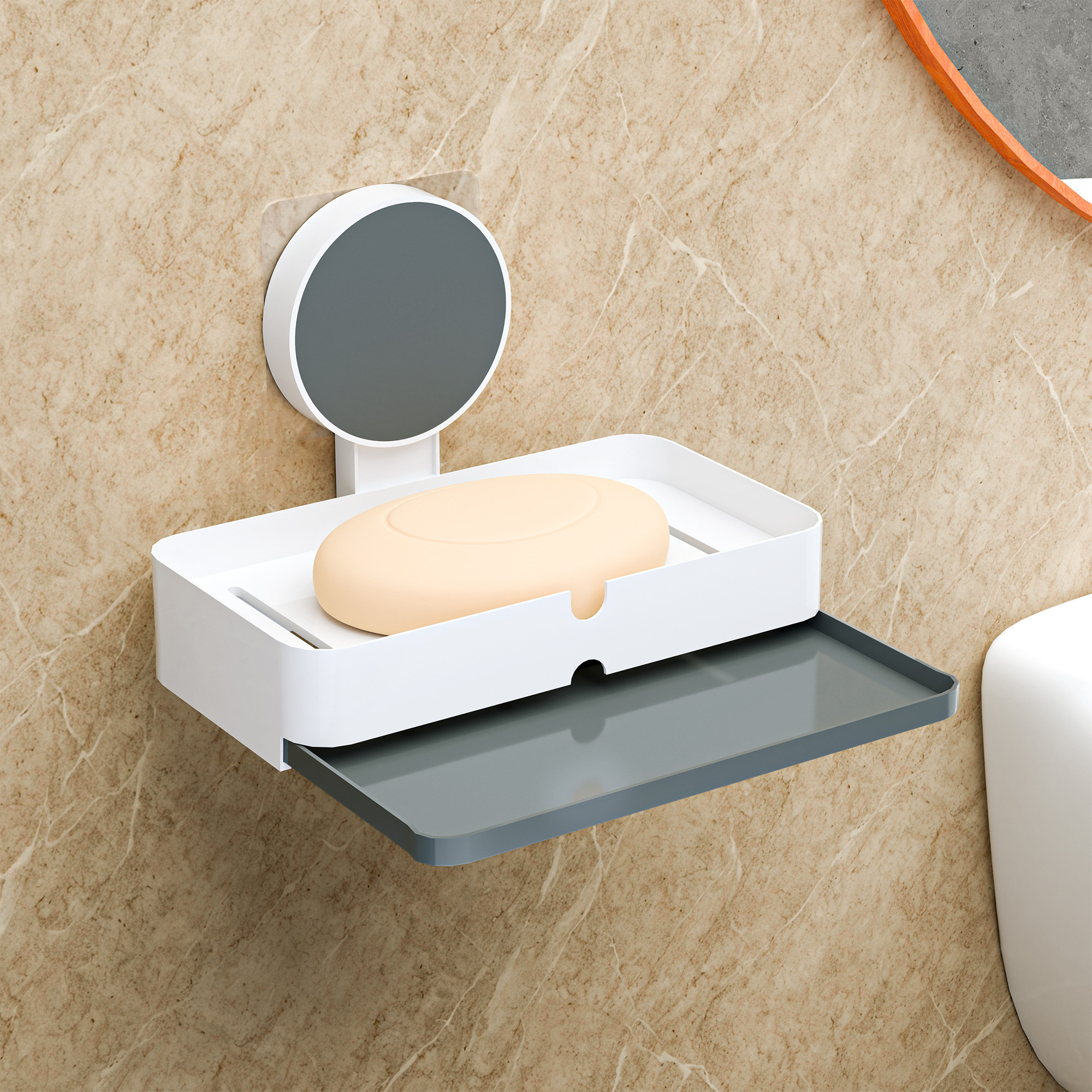 Plastic Self-Adhesive Soap Holder for Bathroom Wall with Removable Drain Tray  No Drill Stickable Soap Stand for Kitchen Sink  White