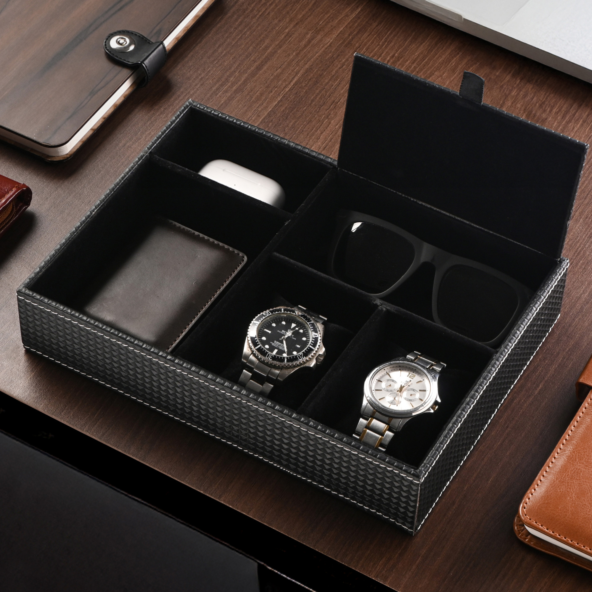 Faux Leather Jewellery Organisers Box  Watch and Sunglasses Organizer  Desk Organiser Tray  Wallet and Watch Holder Box  Check - Black