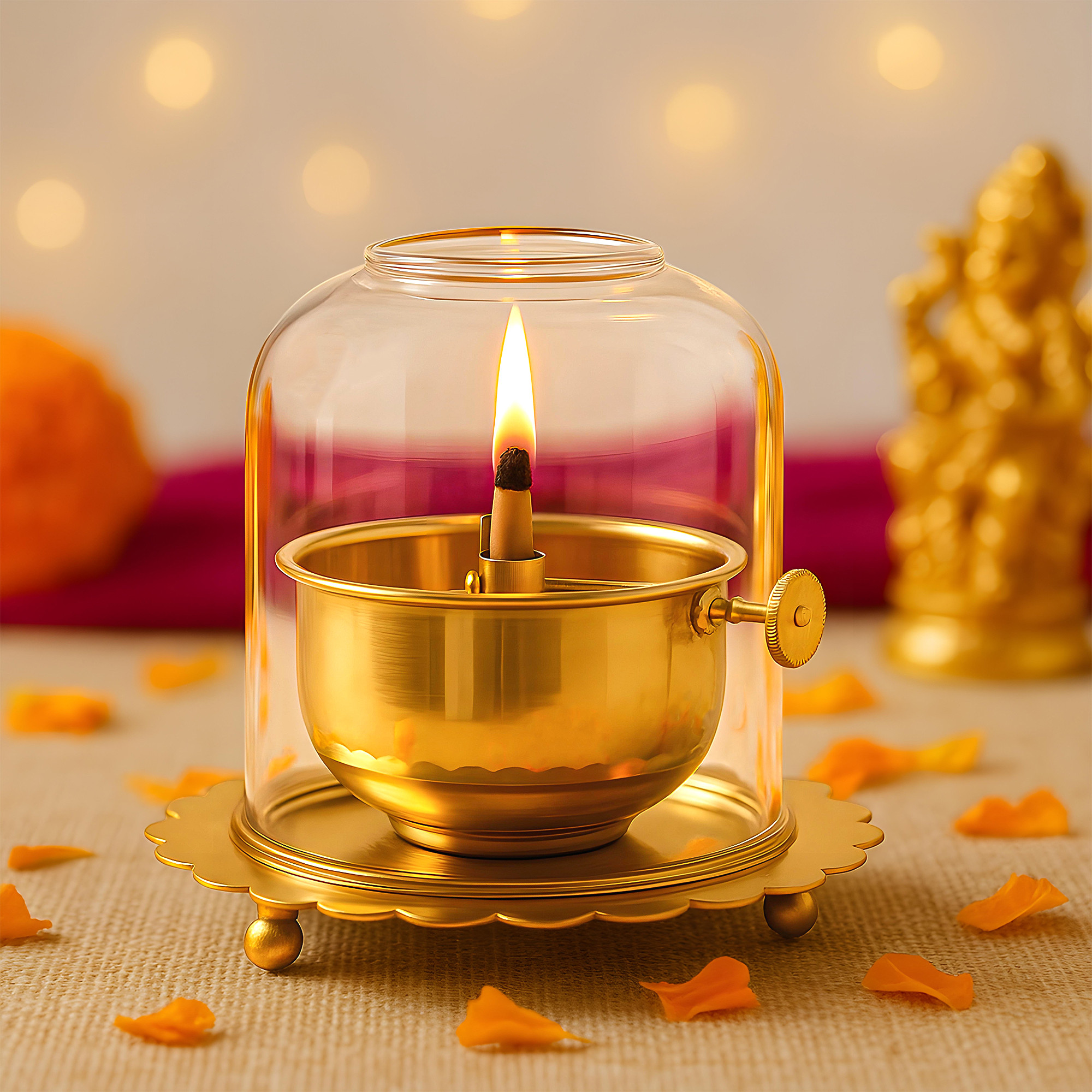 Kuber Industries Brass Akhand Jyoti Diya Oil Lamp with Adjustable Bati Knob  Lifting Screw Wick Holder  Borosilicate Glass Cover  Large Size 150 ml Oil Capacity Stay Lit for 48 Hours  Golden
