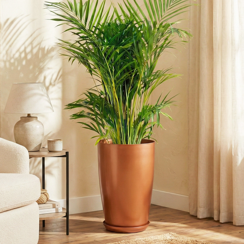 Image of 18 Inch Big Planters/Vase with Saucer for Home Decor | Large Outdoor &amp; Indoor Flower Pot/Drainage Hole/Lightweight/Plant Container | Copper