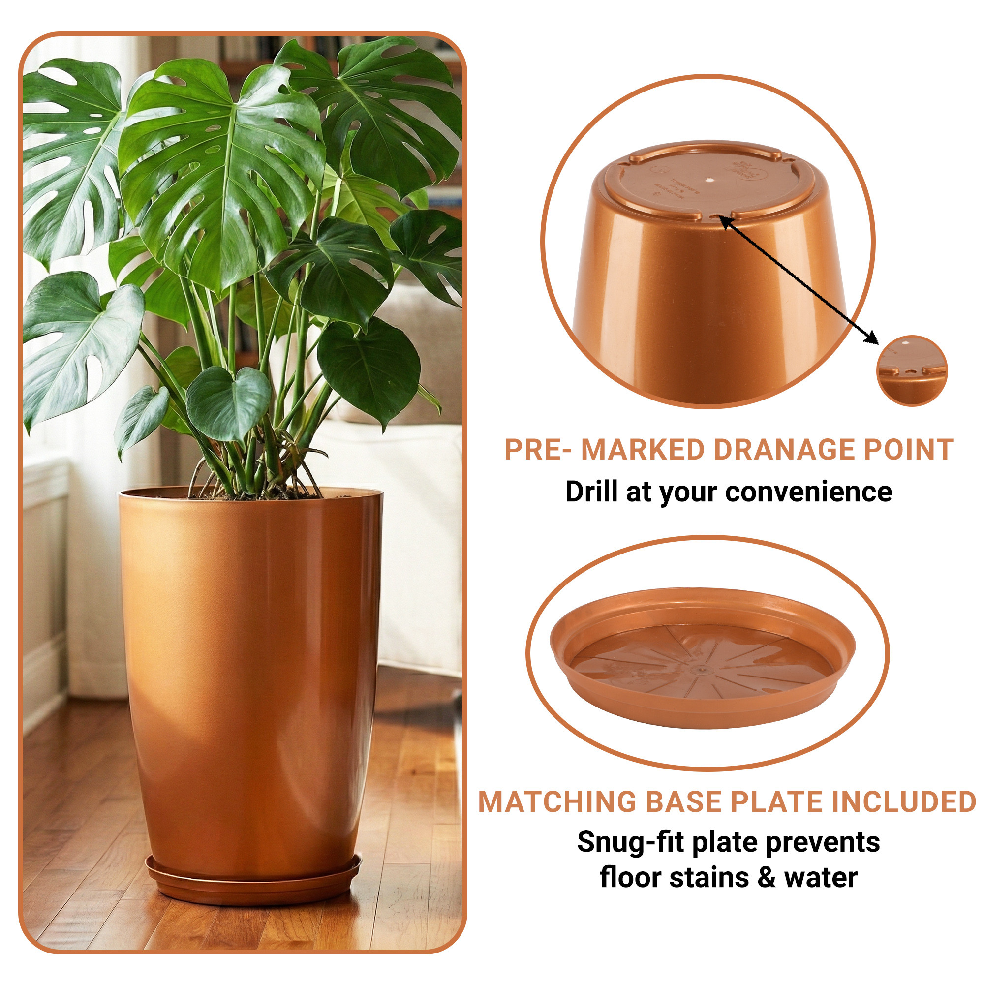 18 Inch Big PlantersVase with Saucer for Home Decor  Large Outdoor  Indoor Flower PotDrainage HoleLightweightPlant Container  Copper