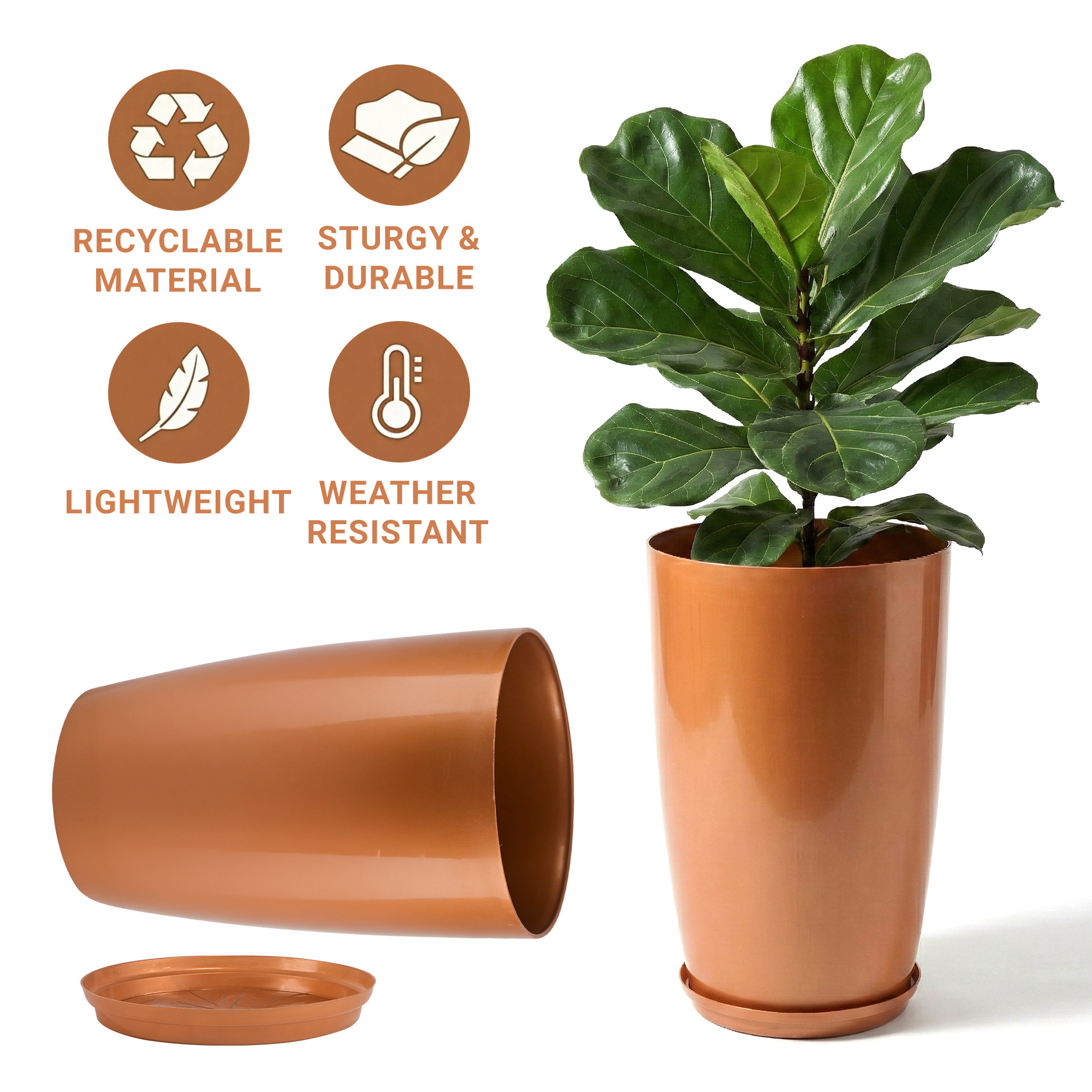 18 Inch Big PlantersVase with Saucer for Home Decor  Large Outdoor  Indoor Flower PotDrainage HoleLightweightPlant Container  Copper