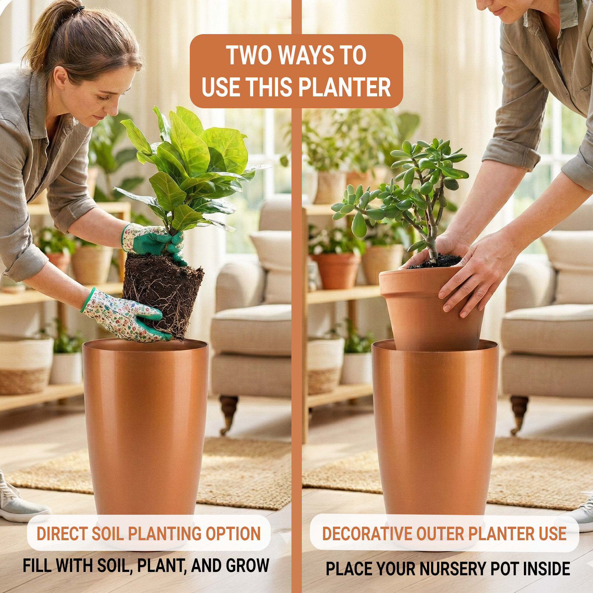 18 Inch Big PlantersVase with Saucer for Home Decor  Large Outdoor  Indoor Flower PotDrainage HoleLightweightPlant Container  Copper