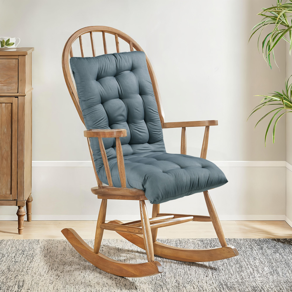 Image of 18x48 Inch Microfiber Comfy Long Rocking Chair Cushion with Ties | Bench Back Thick Seat Pad Comfortable Handmade Quilts | Gray