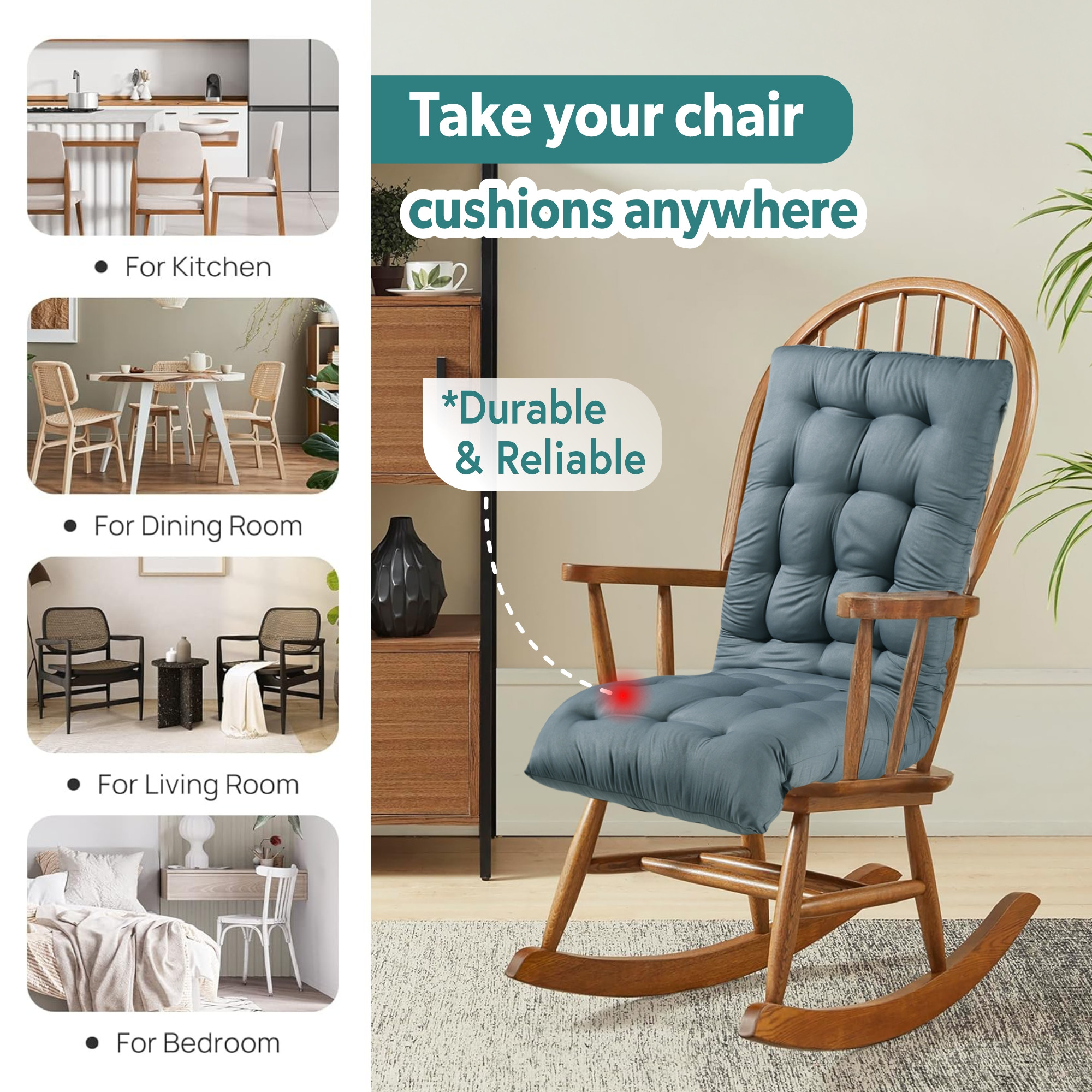 18x48 Inch Microfiber Comfy Long Rocking Chair Cushion with Ties  Bench Back Thick Seat Pad Comfortable Handmade Quilts  Gray