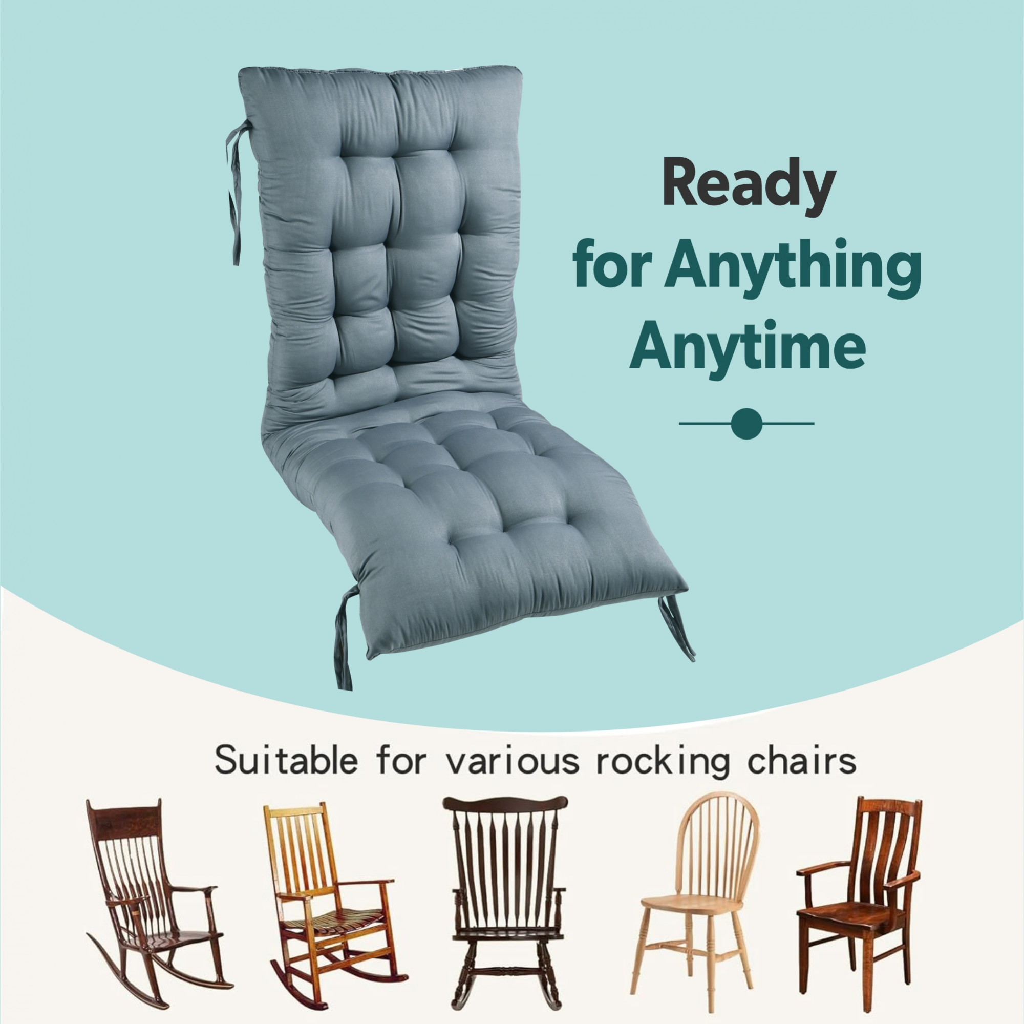 18x48 Inch Microfiber Comfy Long Rocking Chair Cushion with Ties  Bench Back Thick Seat Pad Comfortable Handmade Quilts  Gray