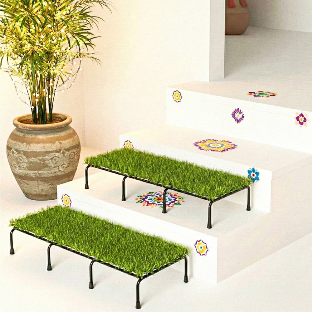 Image of 2 Pcs Metal 24 Inch Planter Stand with Green Grass (Included) | Decorative Plants Pot Holder for Balcony, Garden, Home, Indoor &amp; Outdoor | Black