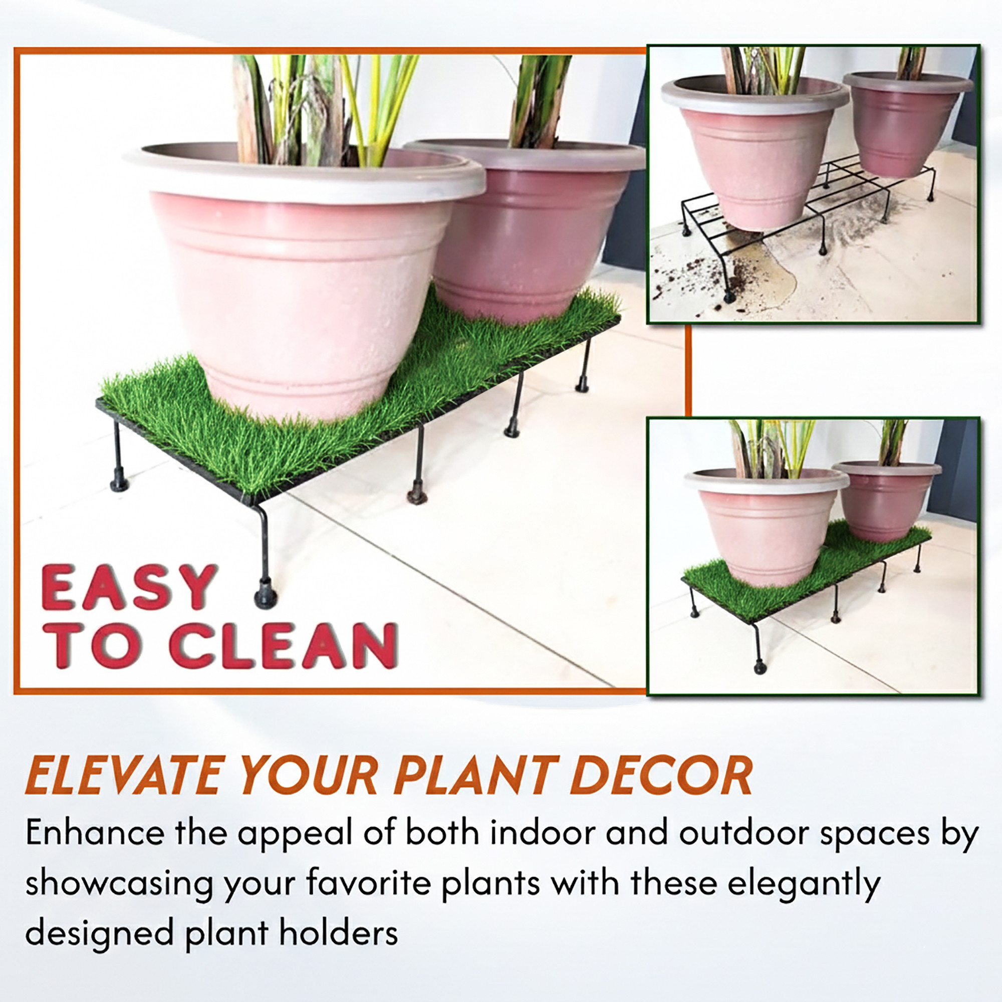 2 Pcs Metal 24 Inch Planter Stand with Green Grass Included  Decorative Plants Pot Holder for Balcony Garden Home Indoor  Outdoor  Black