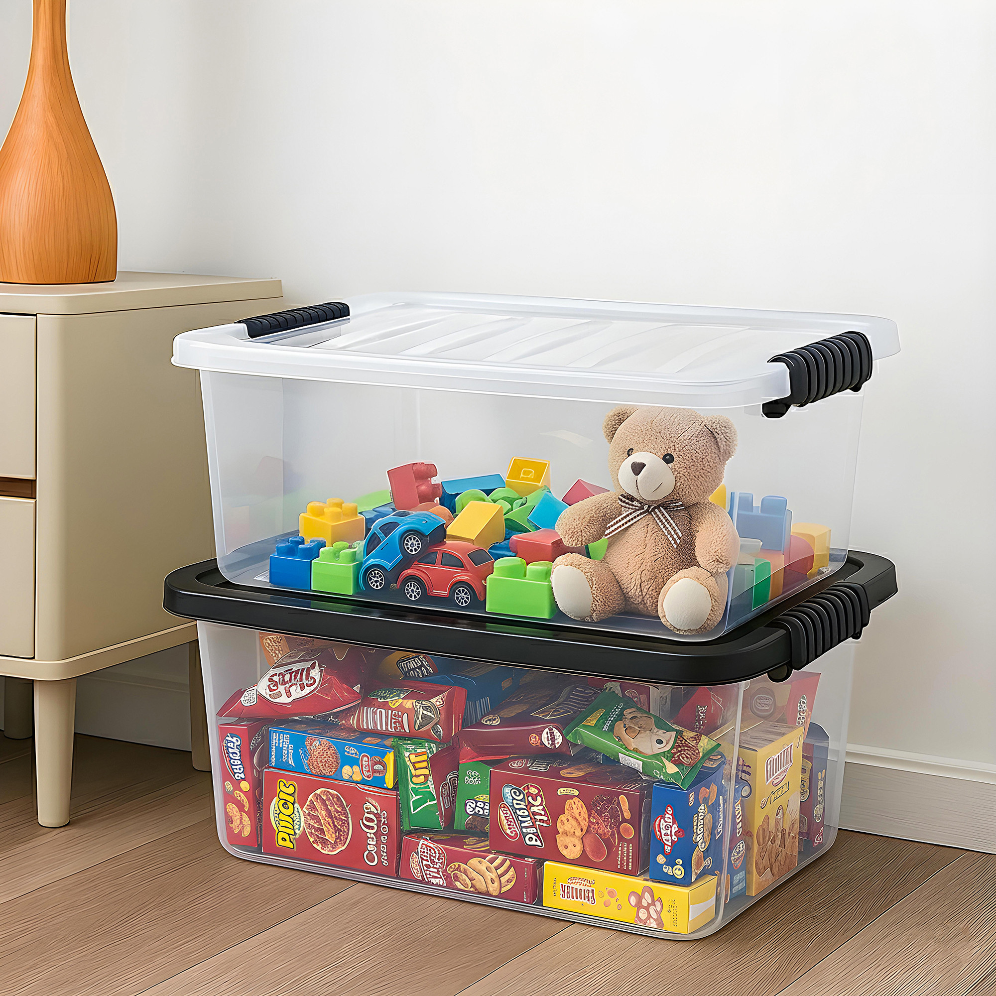 2 Pcs Plastic 20 LTR Large Storage Box with Airtight Lid  Stackable Clear Organizer Bin for Clothes  Toys  Transparent Black