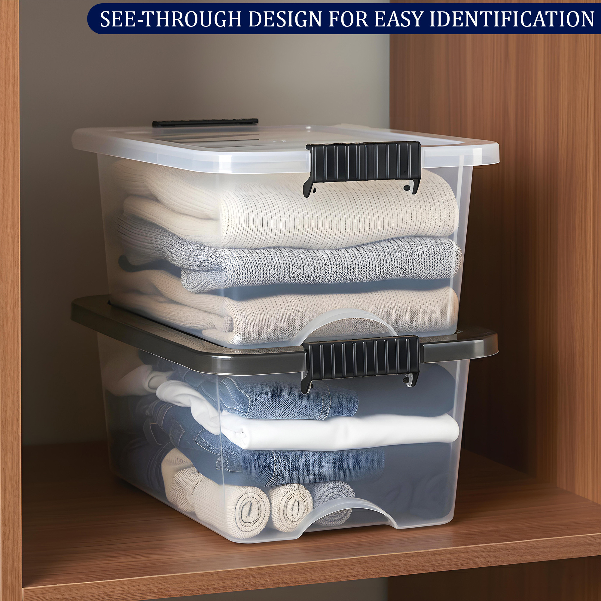 2 Pcs Plastic 20 LTR Large Storage Box with Airtight Lid  Stackable Clear Organizer Bin for Clothes  Toys  Transparent Black