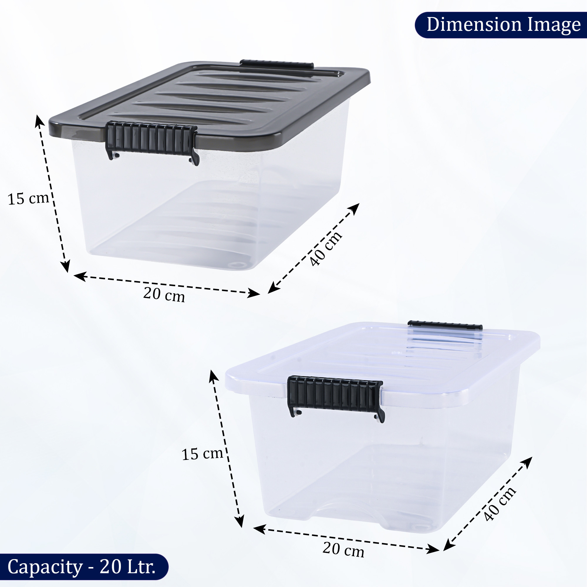 2 Pcs Plastic 20 LTR Large Storage Box with Airtight Lid  Stackable Clear Organizer Bin for Clothes  Toys  Transparent Black