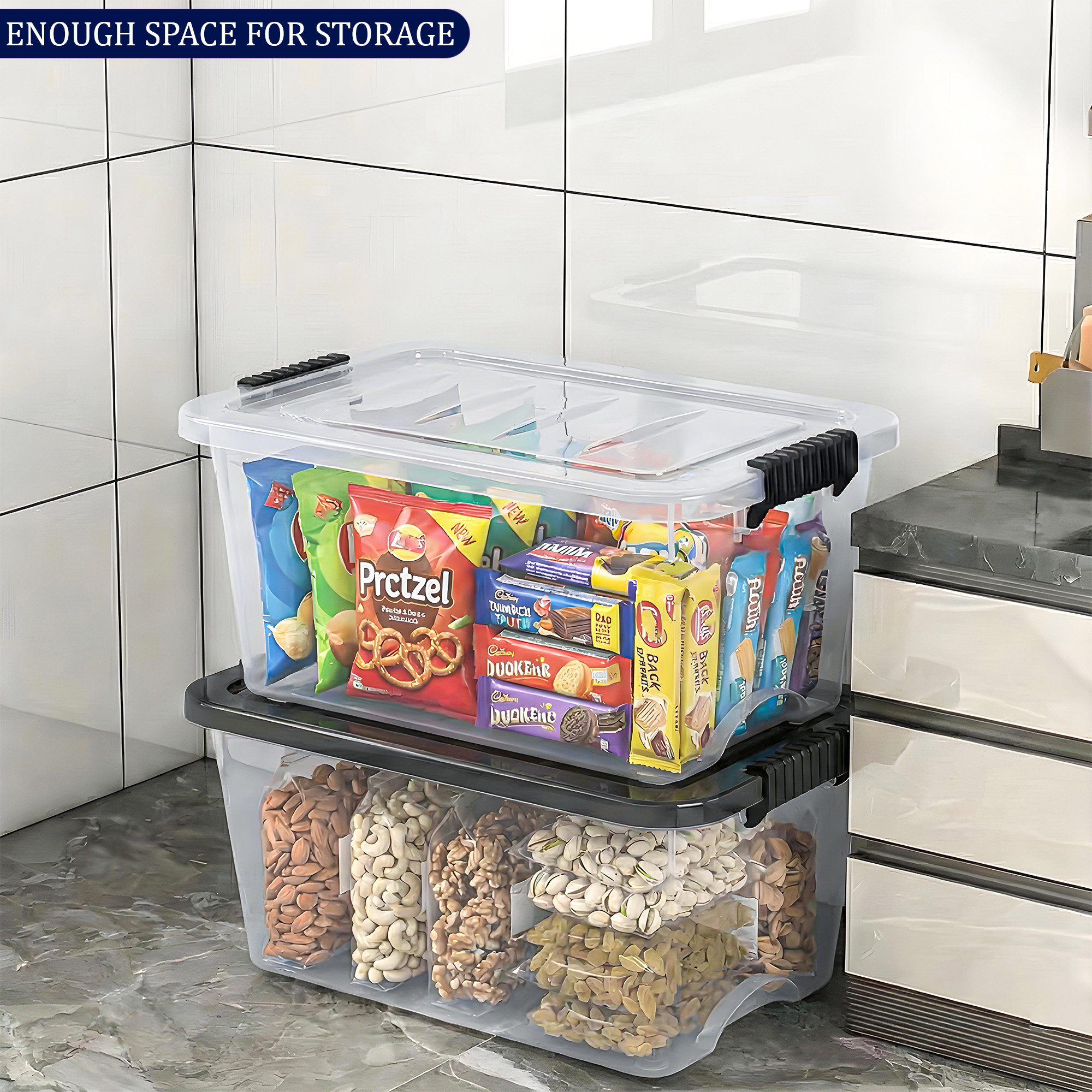 2 Pcs Plastic 20 LTR Large Storage Box with Airtight Lid  Stackable Clear Organizer Bin for Clothes  Toys  Transparent Black