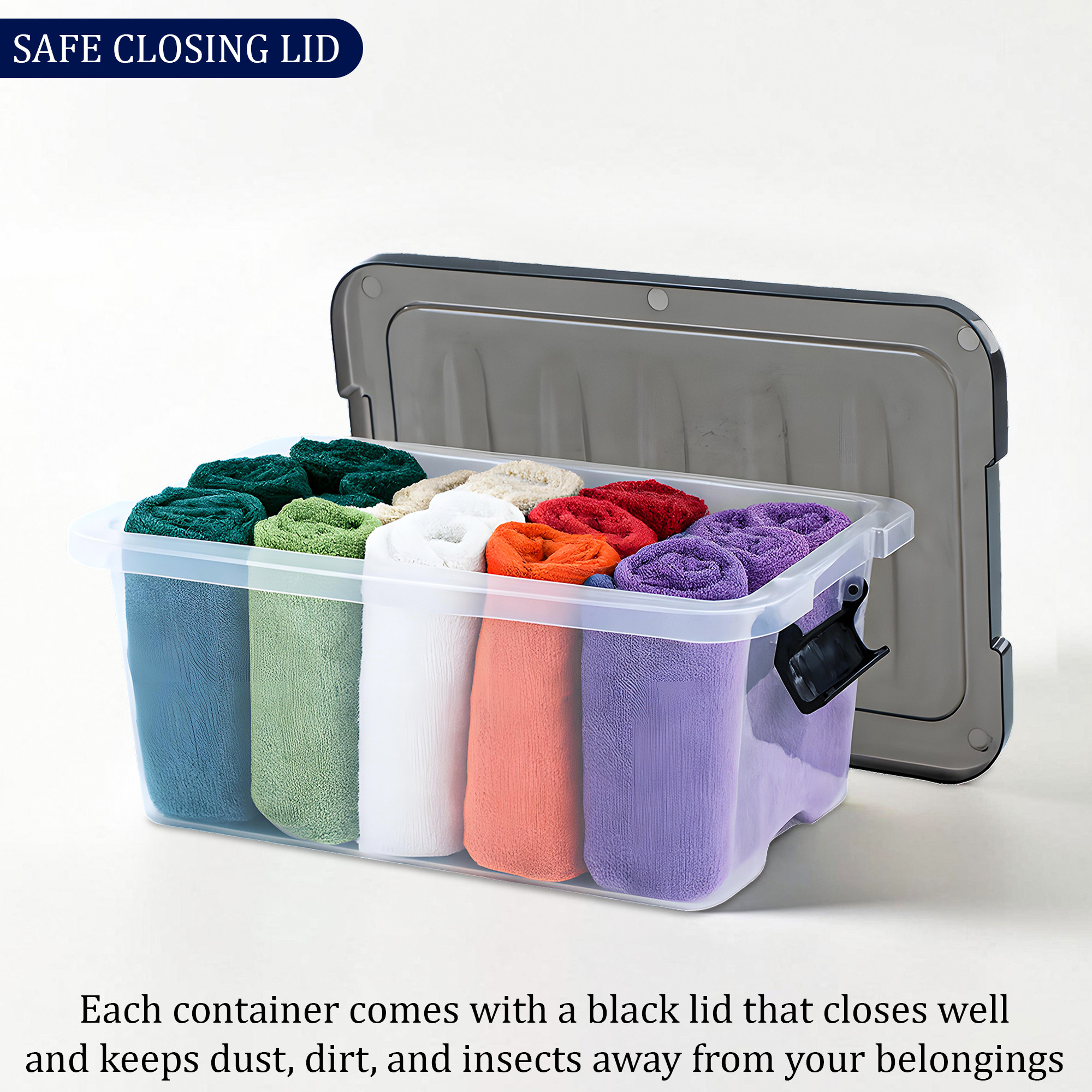 2 Pcs Plastic 20 LTR Large Storage Box with Airtight Lid  Stackable Clear Organizer Bin for Clothes  Toys  Transparent Black