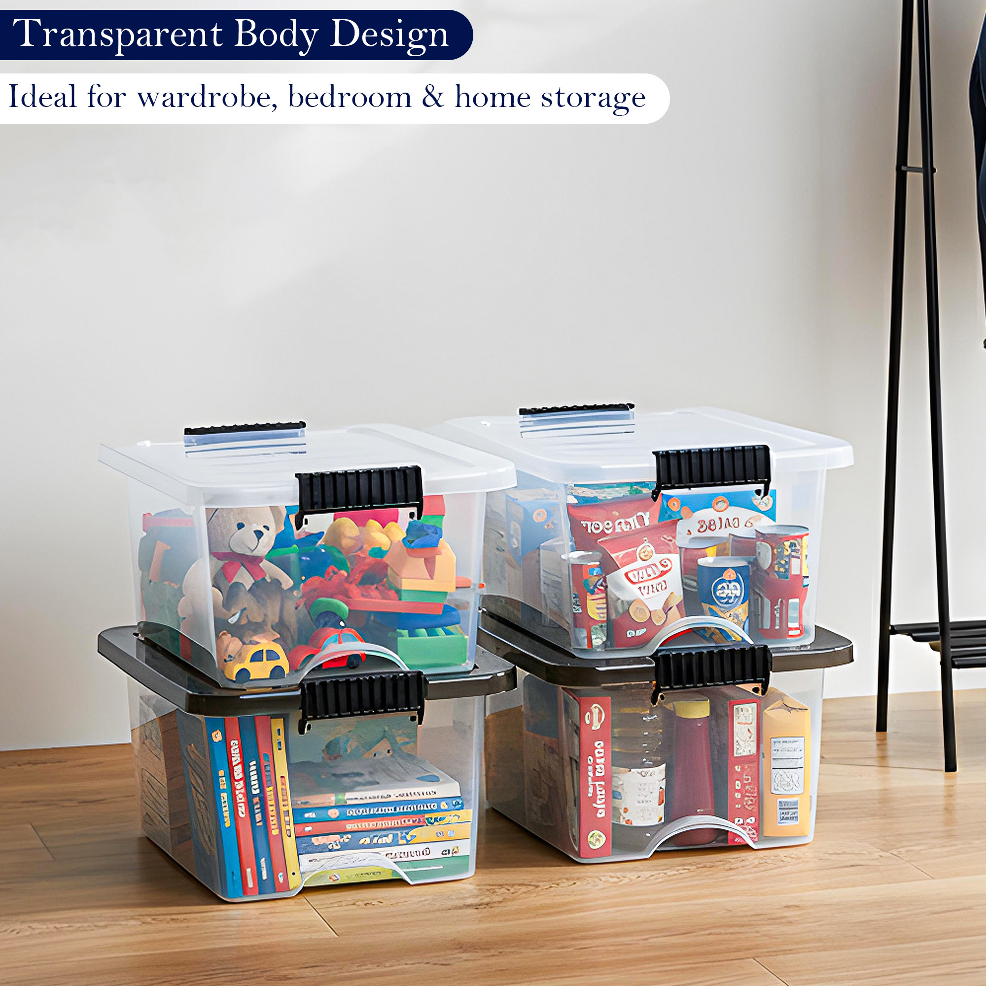 2 Pcs Plastic 20 LTR Large Storage Box with Airtight Lid  Stackable Clear Organizer Bin for Clothes  Toys  Transparent Black