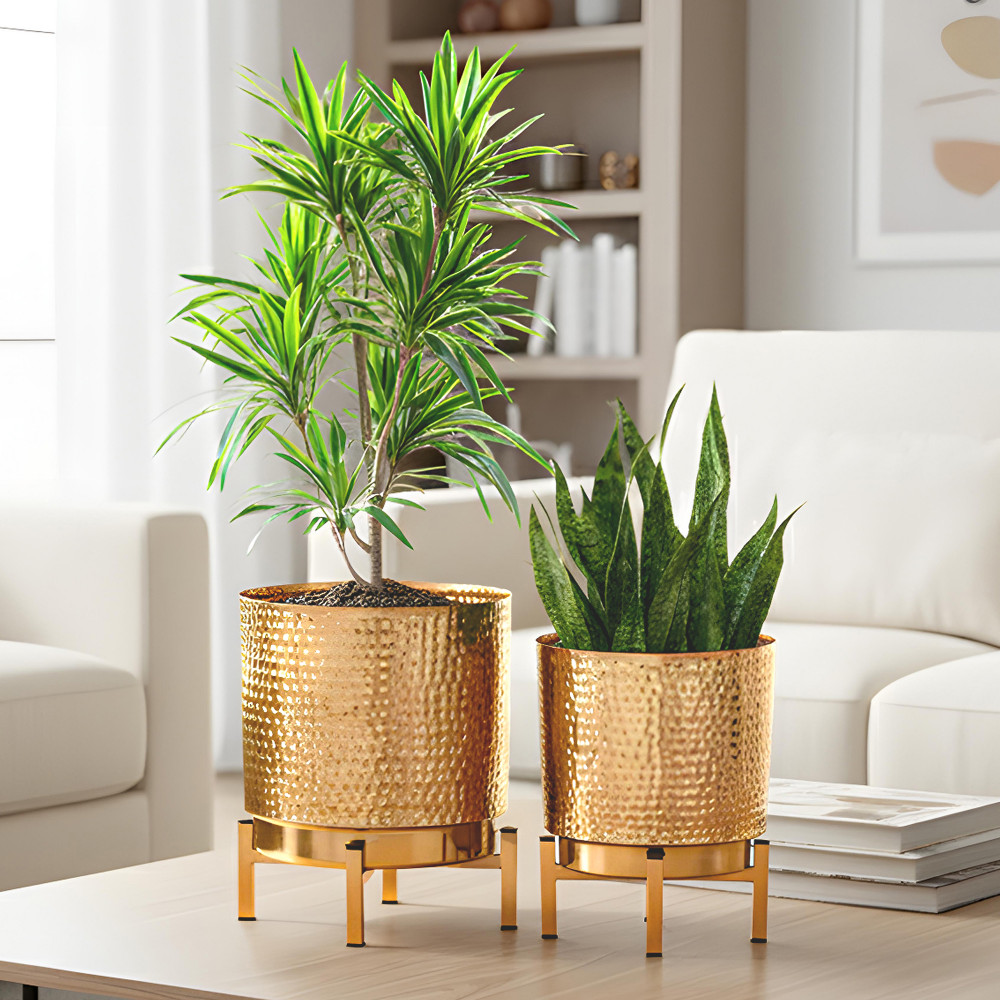 Image of 2 Pcs Set Hammered Metal Indoor Planter with Stand for Decoration | Ideal for Decor Plants Home &amp; Office (Plants not Included) | Golden