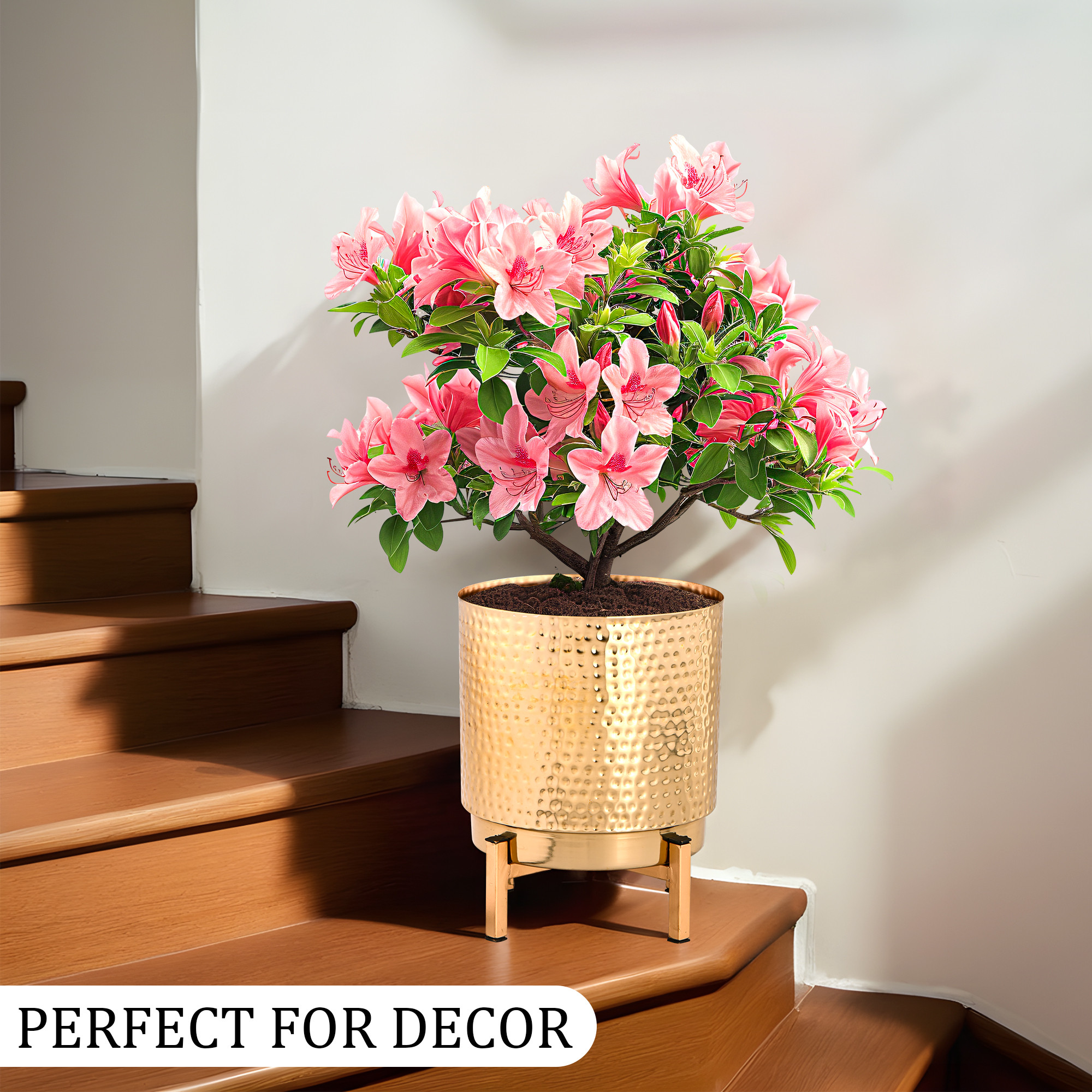 2 Pcs Set Hammered Metal Indoor Planter with Stand for Decoration  Ideal for Decor Plants Home  Office Plants not Included  Golden