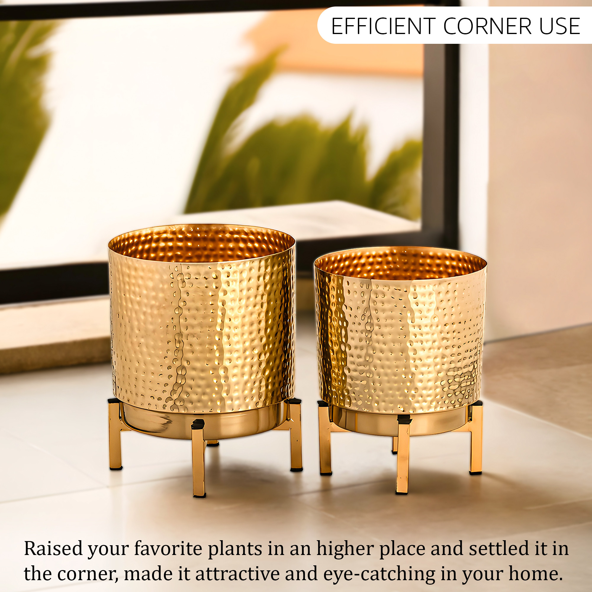 2 Pcs Set Hammered Metal Indoor Planter with Stand for Decoration  Ideal for Decor Plants Home  Office Plants not Included  Golden
