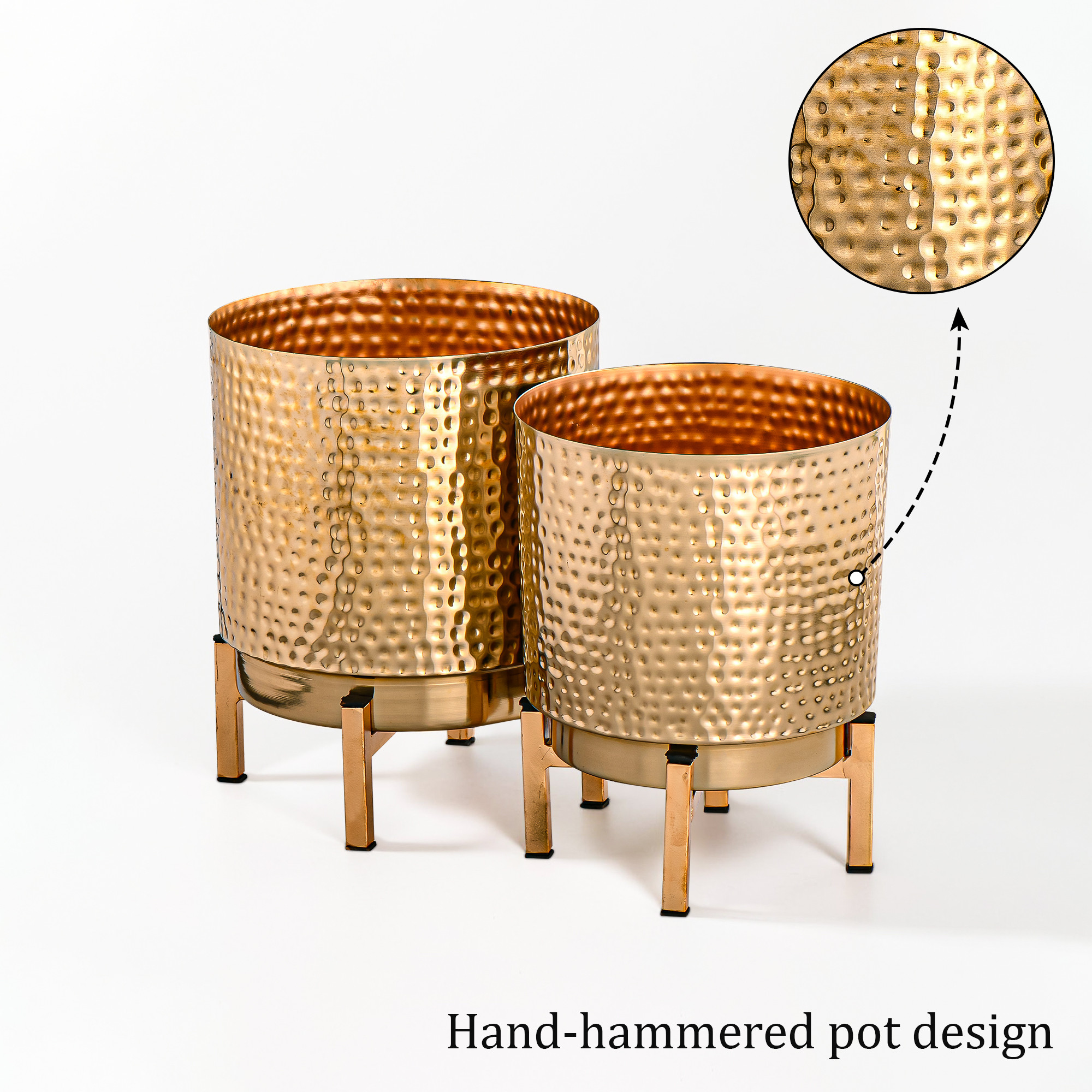 2 Pcs Set Hammered Metal Indoor Planter with Stand for Decoration  Ideal for Decor Plants Home  Office Plants not Included  Golden