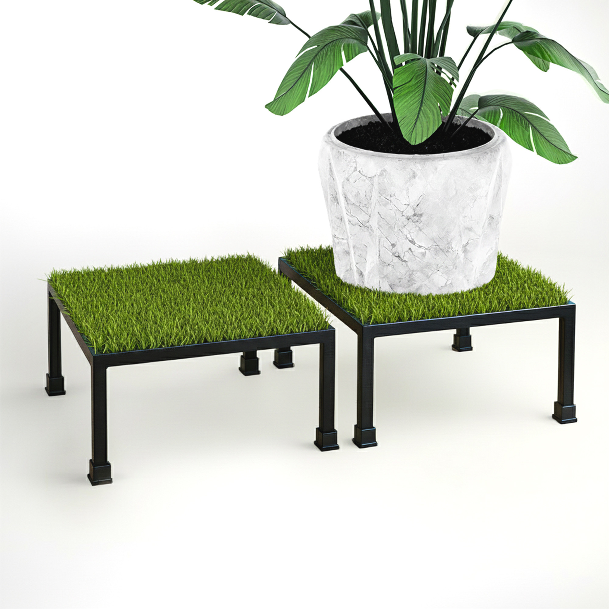 2 Pcs Square Metal Planter Stand with Green Grass Truf Included Rust-Proof Small Flower PotPlants Holder for Indoor and Outdoor  Black