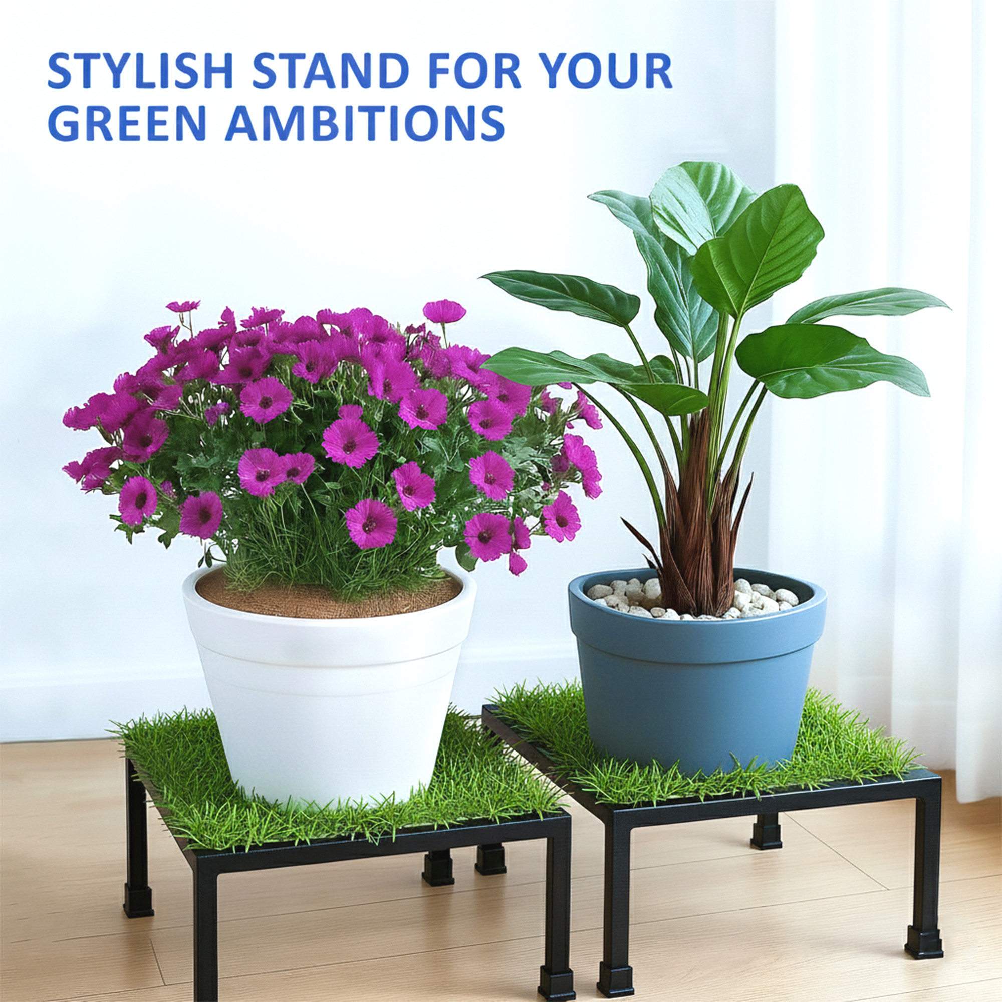 2 Pcs Square Metal Planter Stand with Green Grass Truf Included Rust-Proof Small Flower PotPlants Holder for Indoor and Outdoor  Black