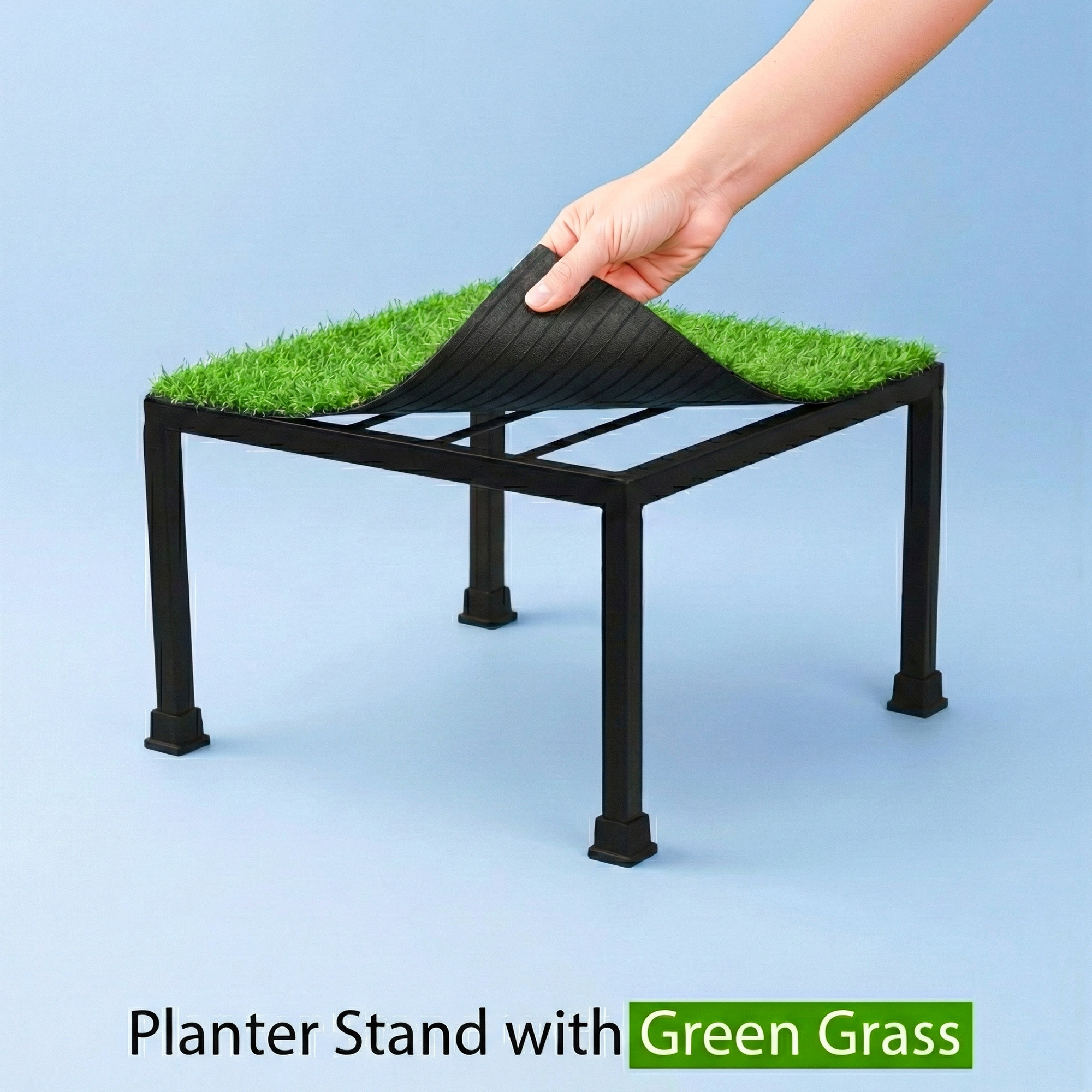 2 Pcs Square Metal Planter Stand with Green Grass Truf Included Rust-Proof Small Flower PotPlants Holder for Indoor and Outdoor  Black