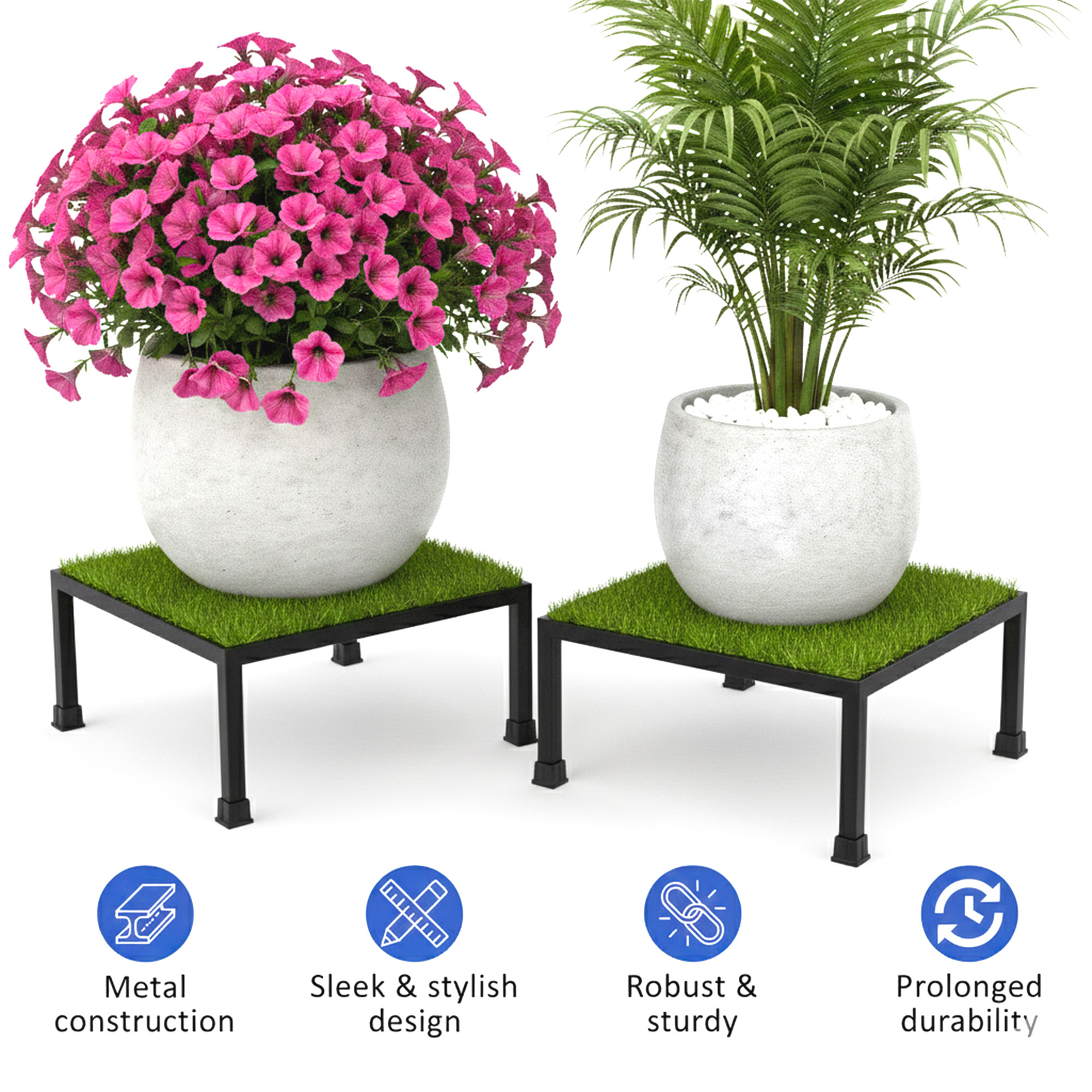 2 Pcs Square Metal Planter Stand with Green Grass Truf Included Rust-Proof Small Flower PotPlants Holder for Indoor and Outdoor  Black