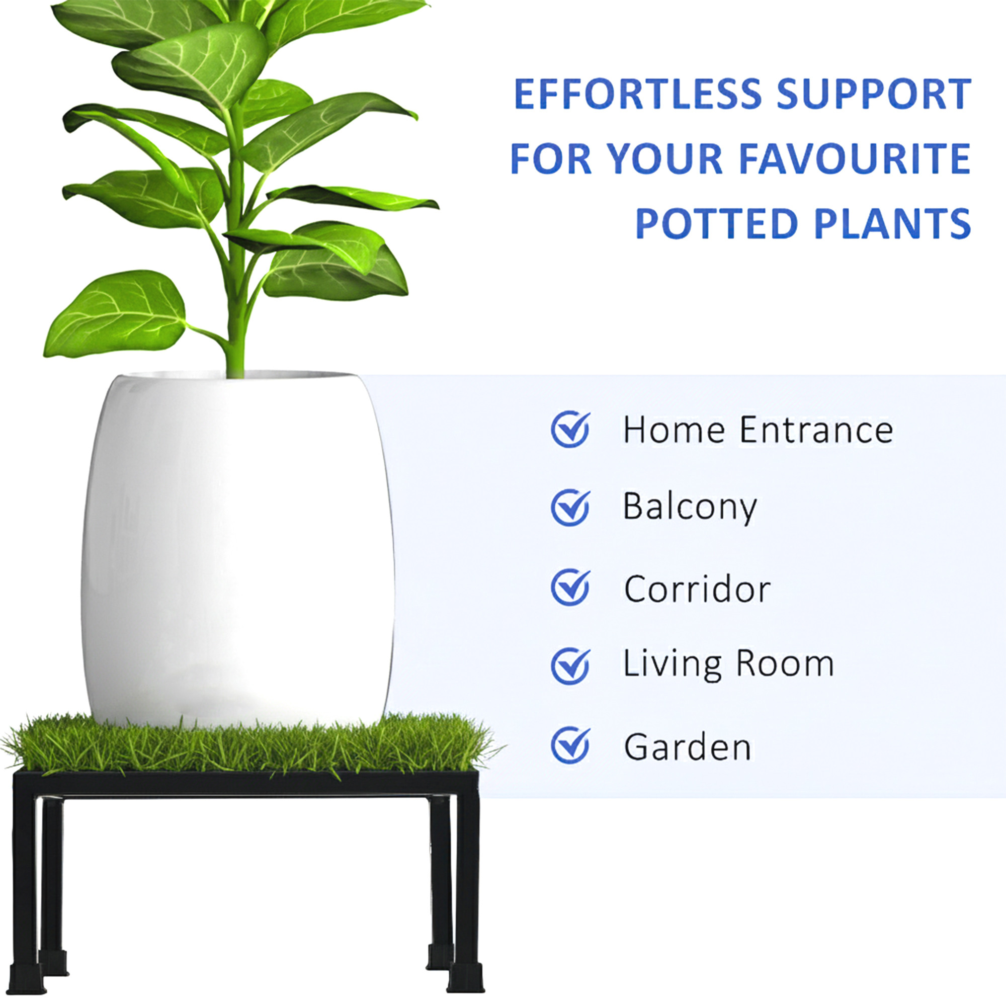 2 Pcs Square Metal Planter Stand with Green Grass Truf Included Rust-Proof Small Flower PotPlants Holder for Indoor and Outdoor  Black