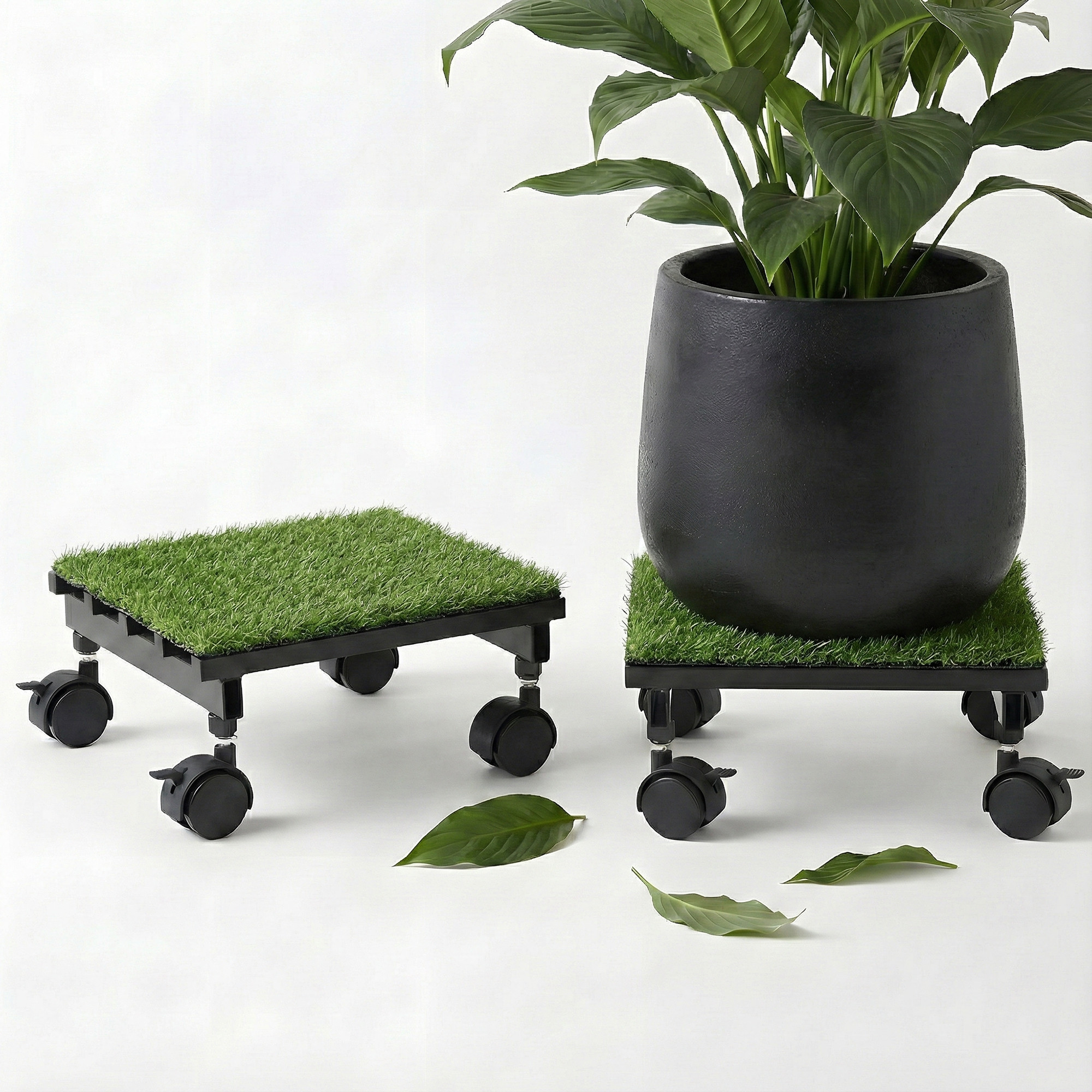 2 Pcs Square Metal Planter Stand with Wheels  Green Grass Included Rust-Proof Rolling Flower Pot Stand for Indoor and Outdoor  Black