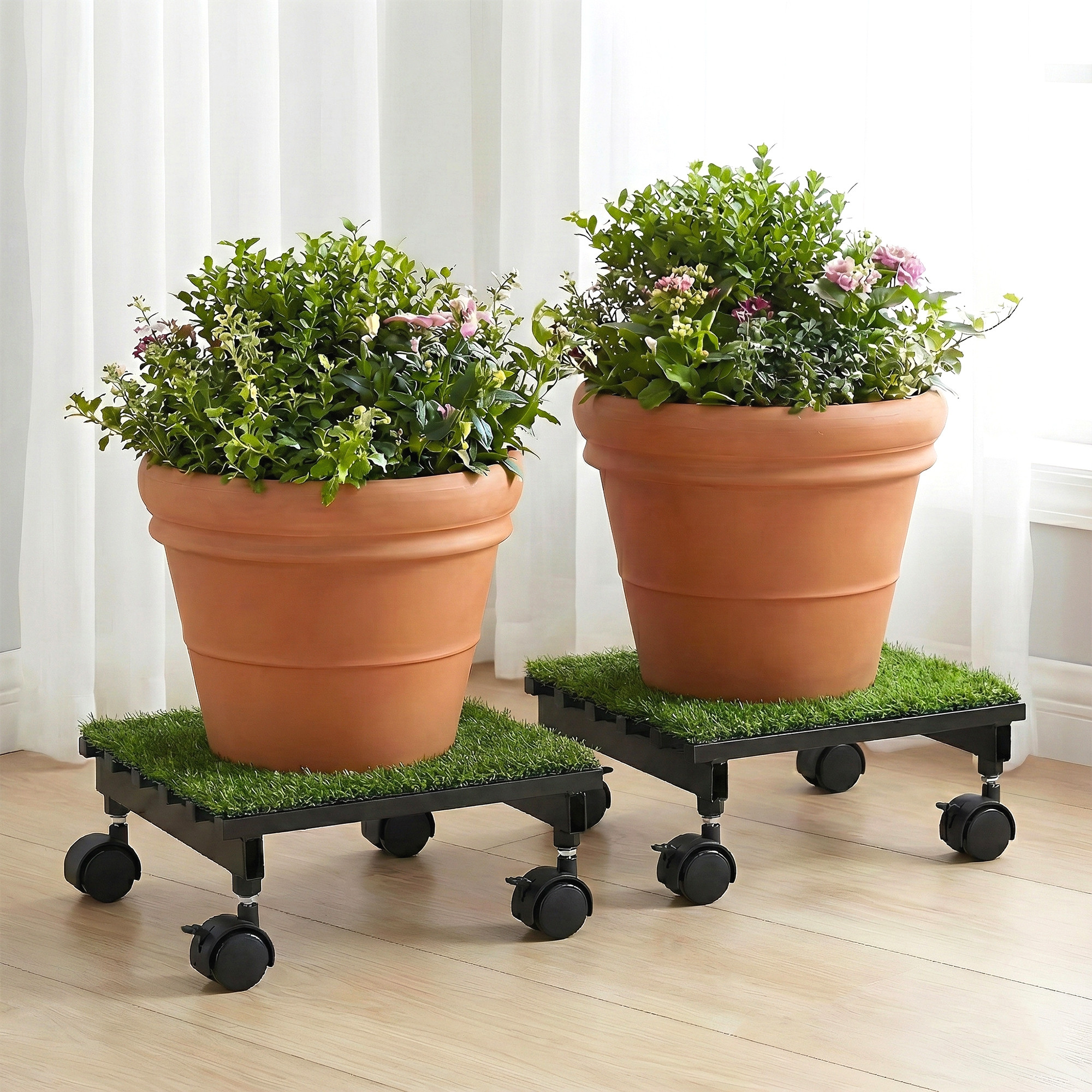 2 Pcs Square Metal Planter Stand with Wheels  Green Grass Included Rust-Proof Rolling Flower Pot Stand for Indoor and Outdoor  Black