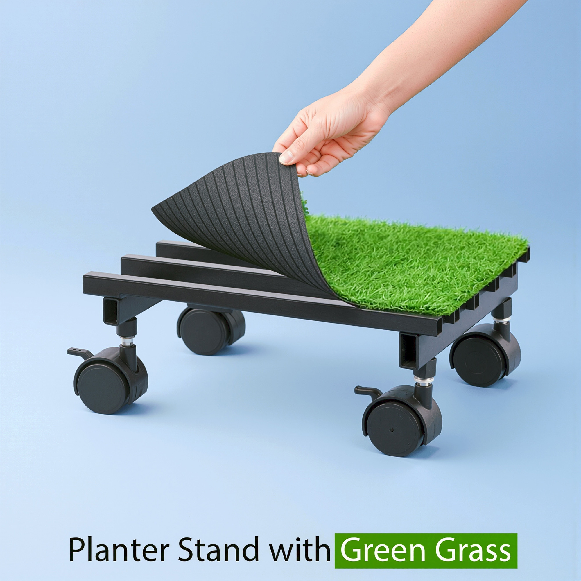 2 Pcs Square Metal Planter Stand with Wheels  Green Grass Included Rust-Proof Rolling Flower Pot Stand for Indoor and Outdoor  Black