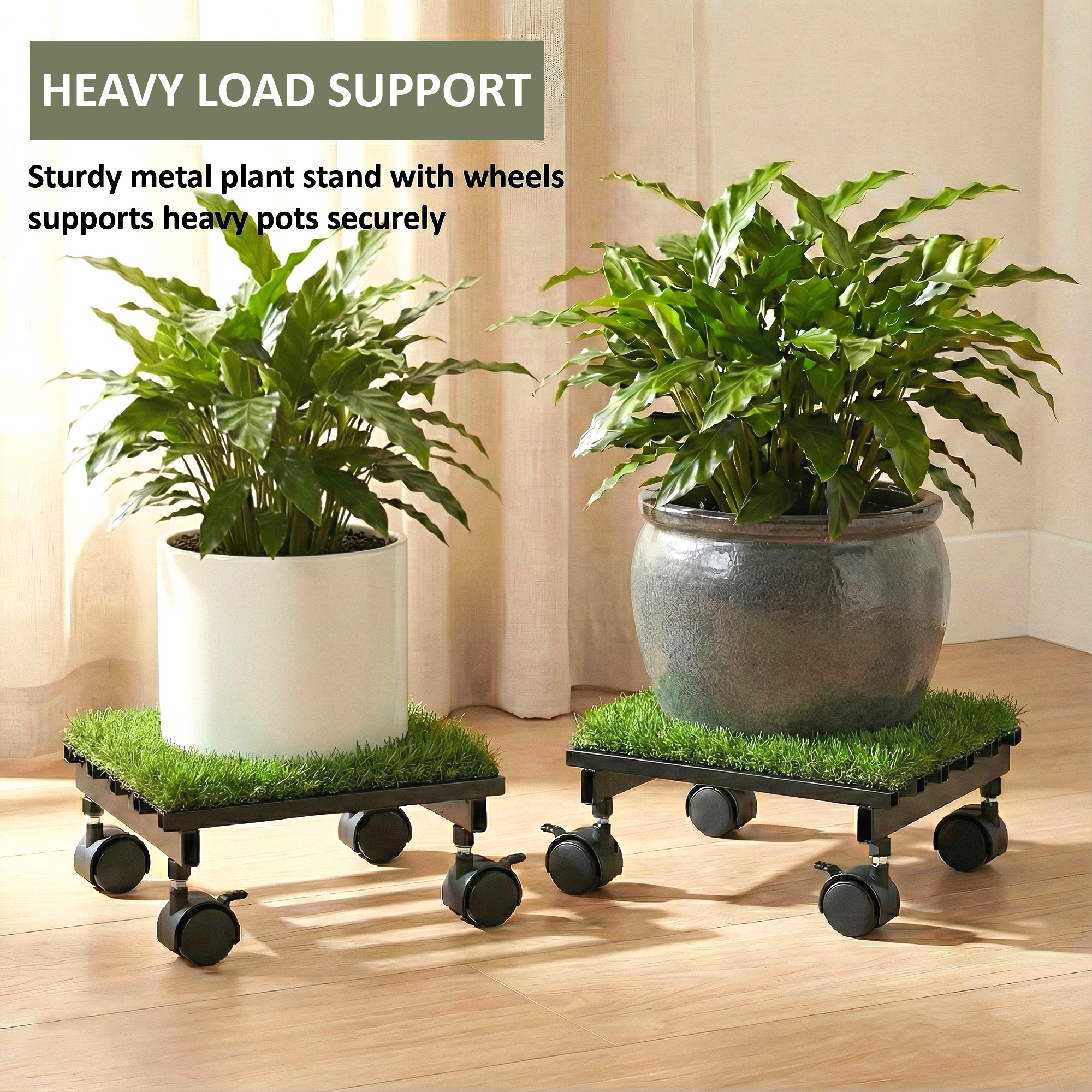 2 Pcs Square Metal Planter Stand with Wheels  Green Grass Included Rust-Proof Rolling Flower Pot Stand for Indoor and Outdoor  Black