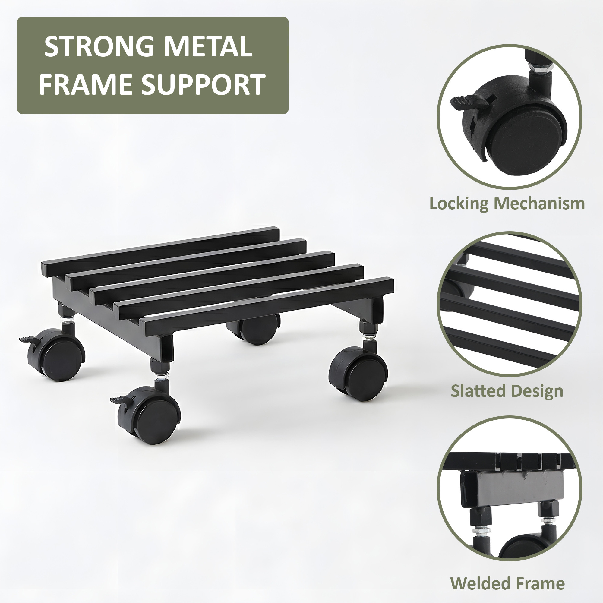 2 Pcs Square Metal Planter Stand with Wheels  Green Grass Included Rust-Proof Rolling Flower Pot Stand for Indoor and Outdoor  Black